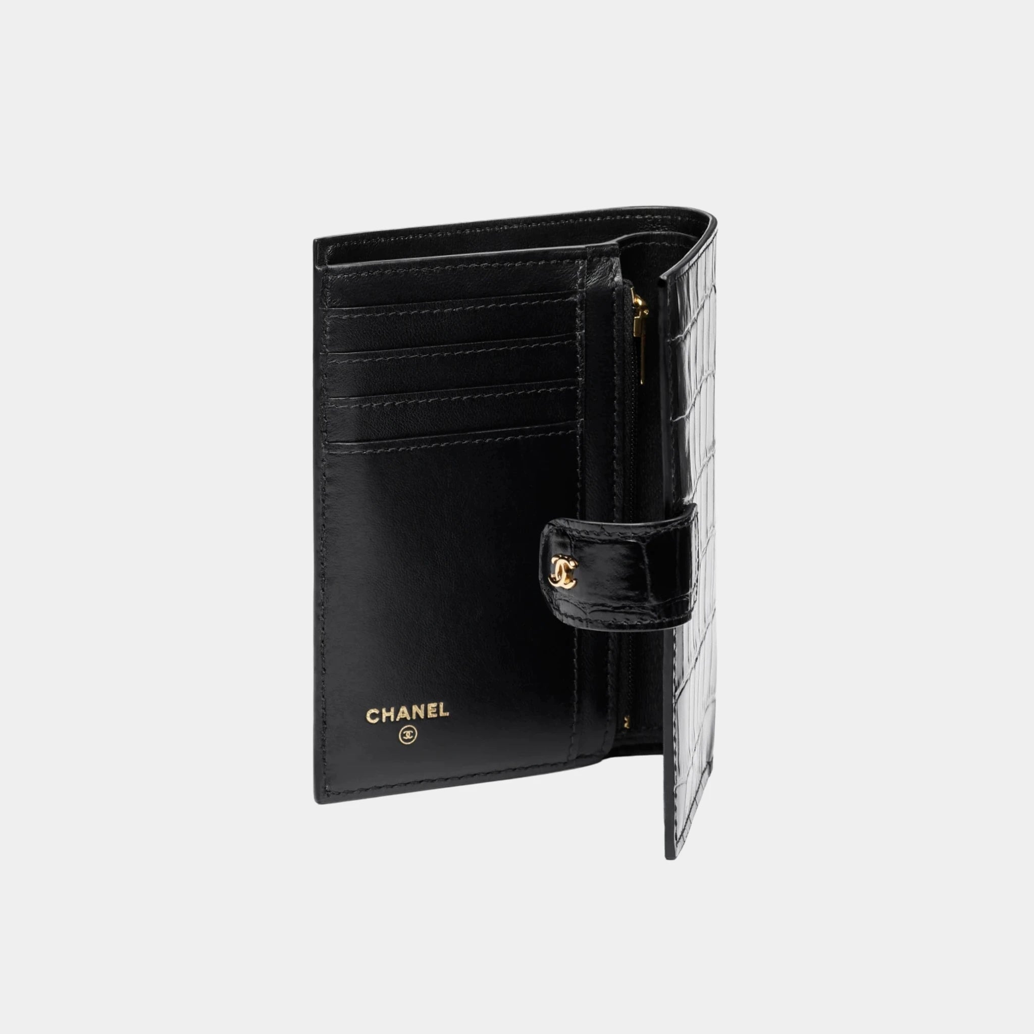 Chanel Passport Holder Crocodile Embossed Calfskin & Gold-Tone Metal, Black, Inside