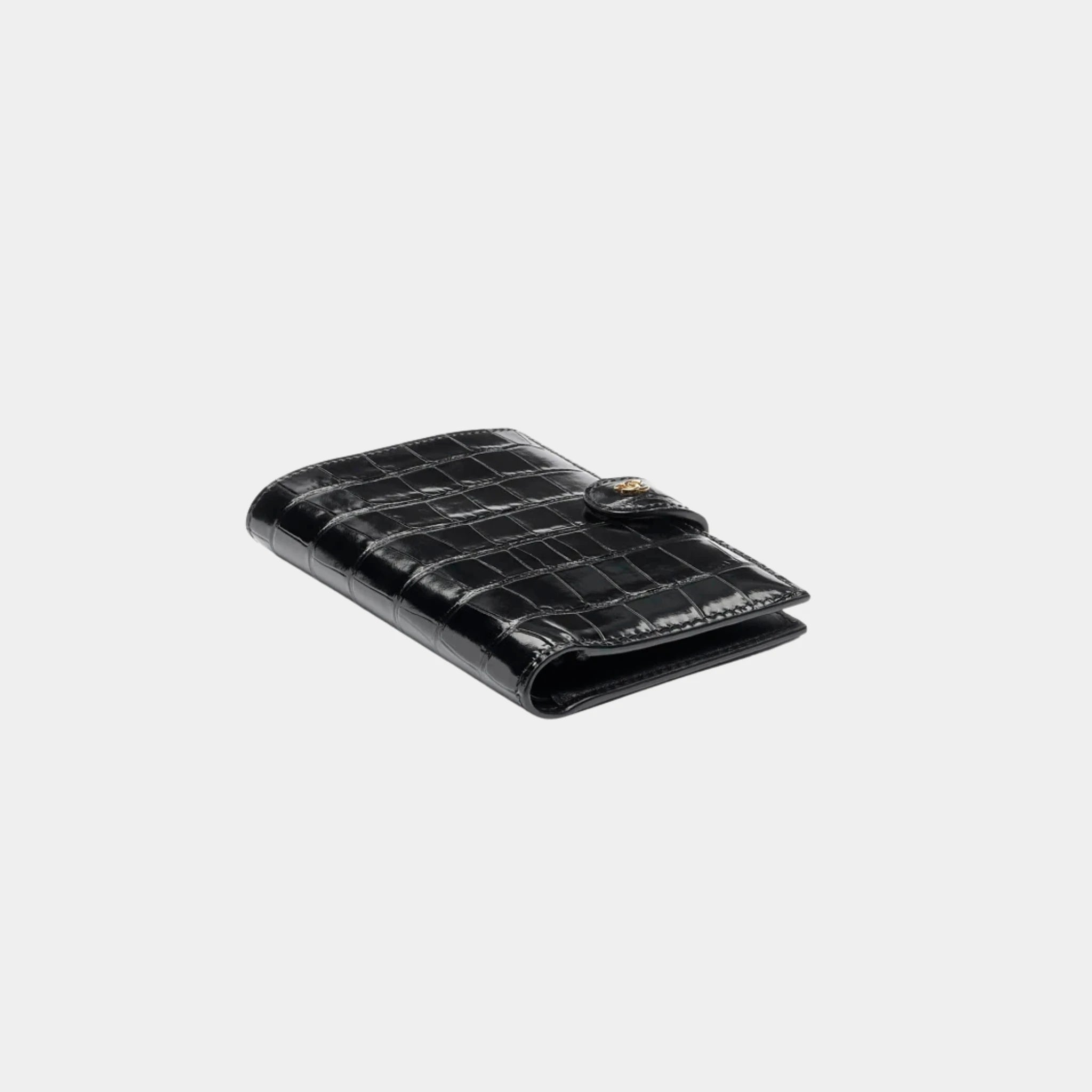 Chanel Passport Holder Crocodile Embossed Calfskin & Gold-Tone Metal, Black, Top