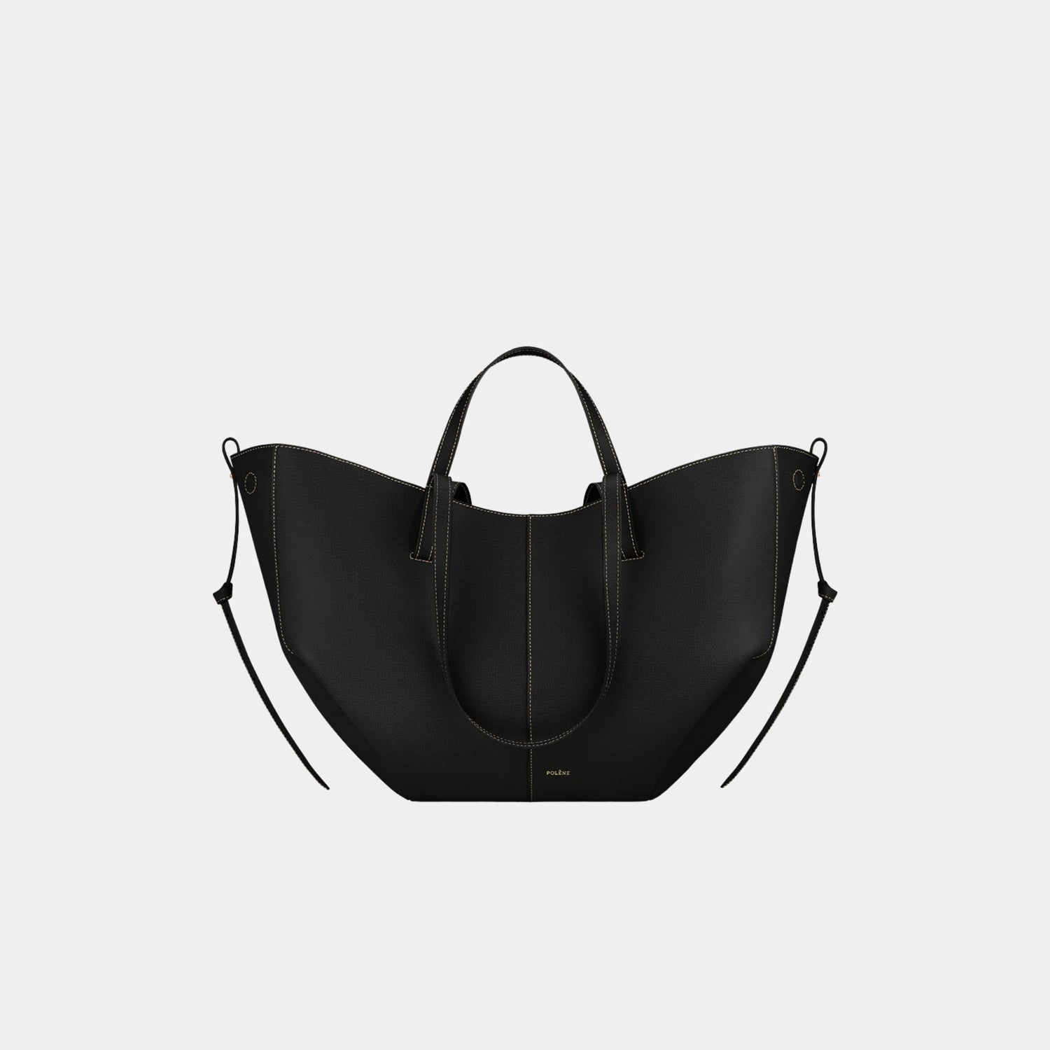 Polene Cyme Handbag, Black Ecru Stitching, Front View
