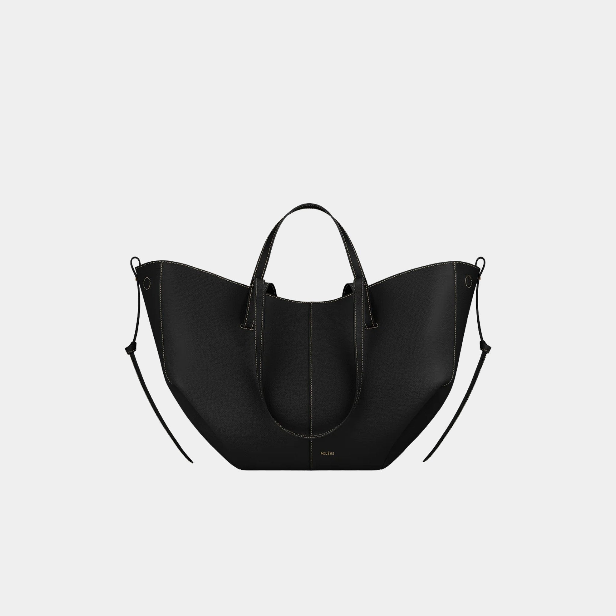 Polene Cyme Handbag, Black Ecru Stitching, Front View