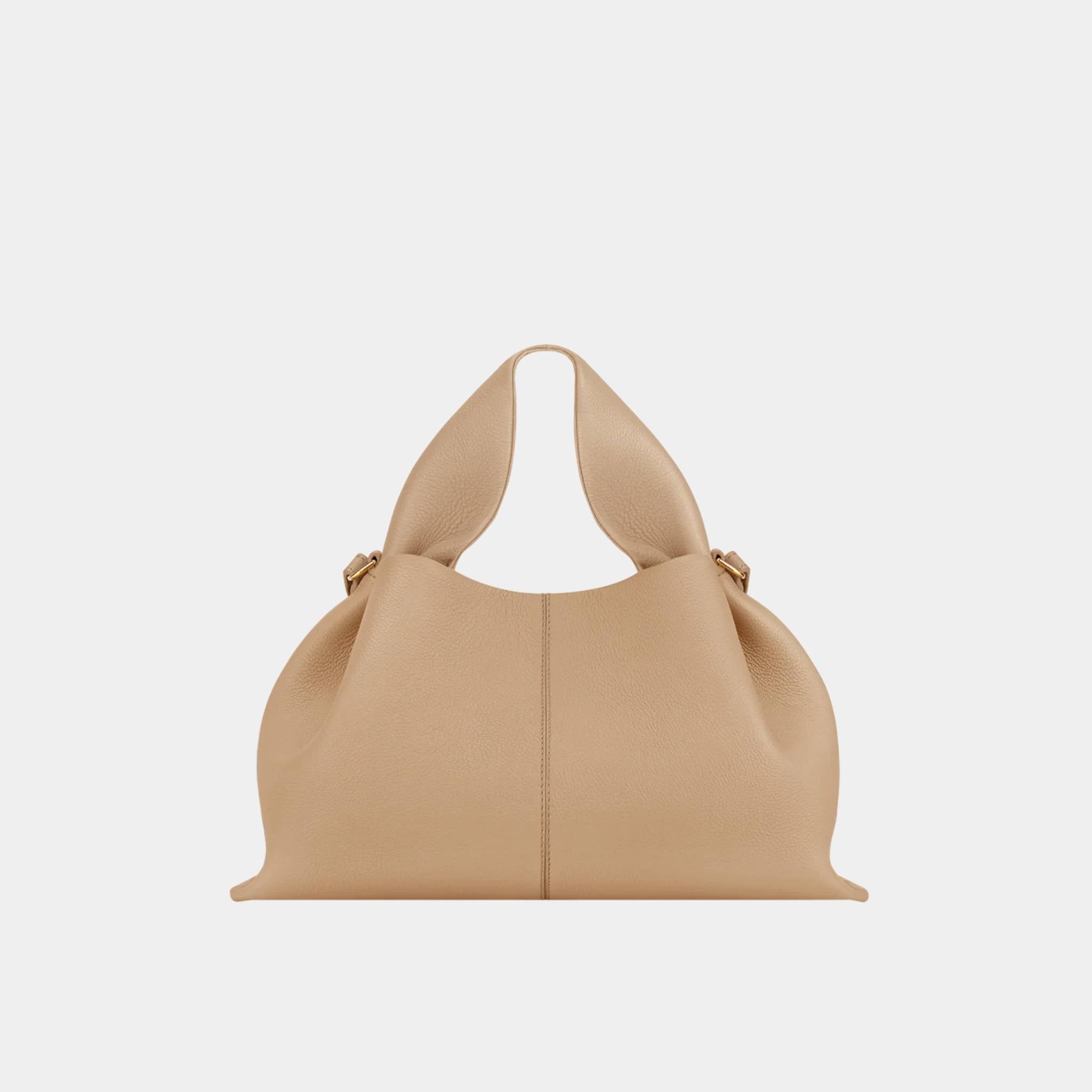 Polene Numero Neuf Handbag In Grained Calfskin, Beige, Front