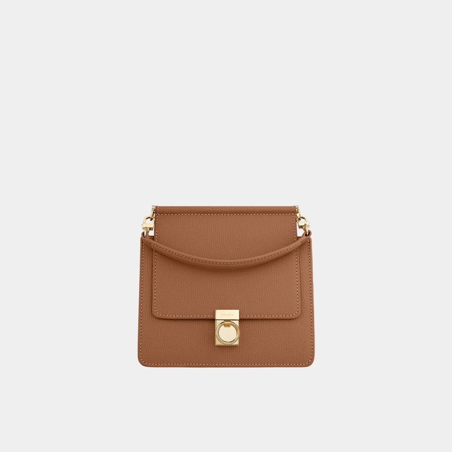 Polene Numero Sept Mini Textured Calf Leather Handbag, Camel, Front