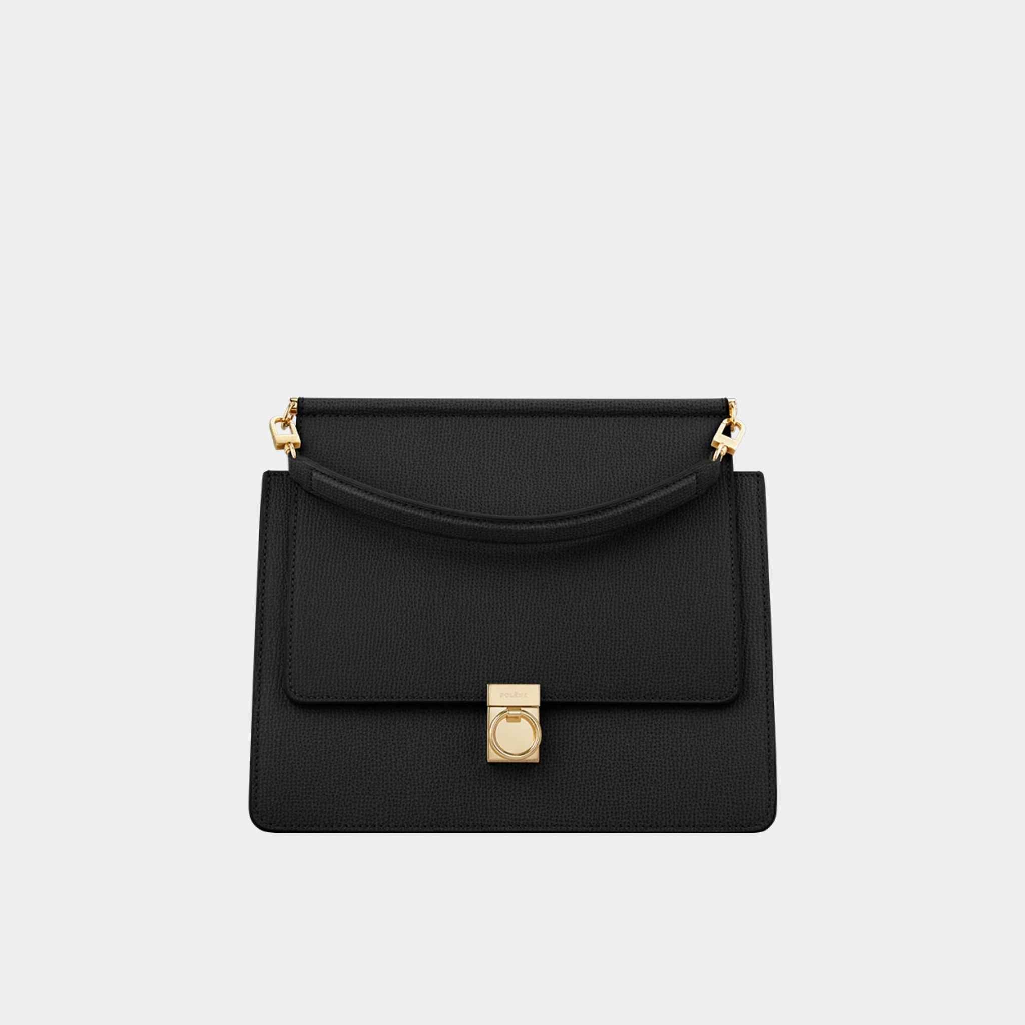 Polene Numero Sept Textured Calf Leather Handbag, Black, Front