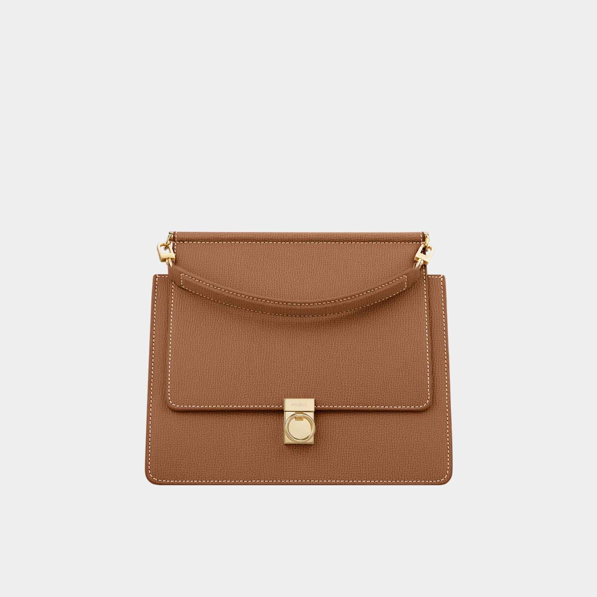 Polene Numero Sept Textured Calf Leather Handbag, Camel, Front