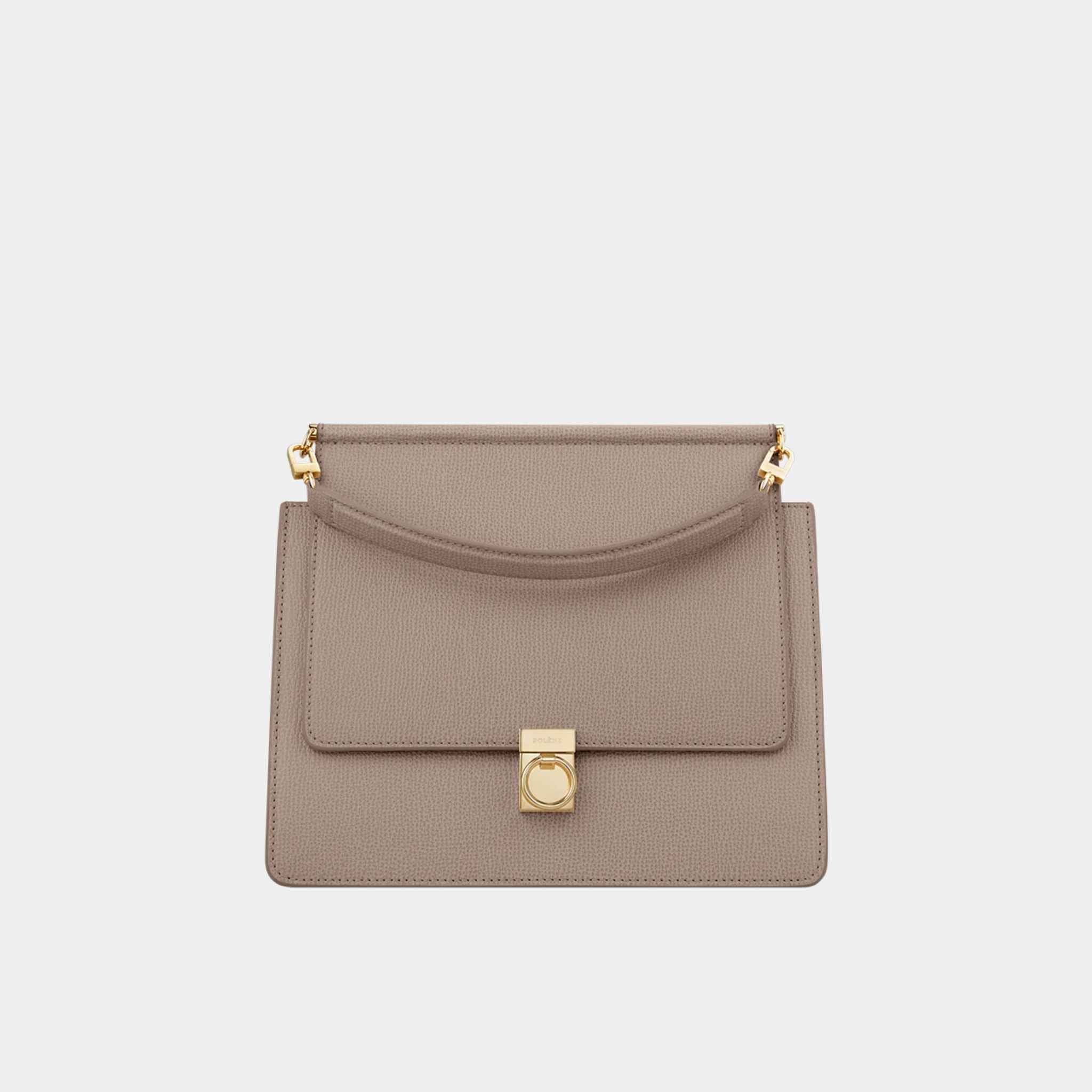 Polene Numero Sept Textured Calf Leather Handbag, Taupe, Front
