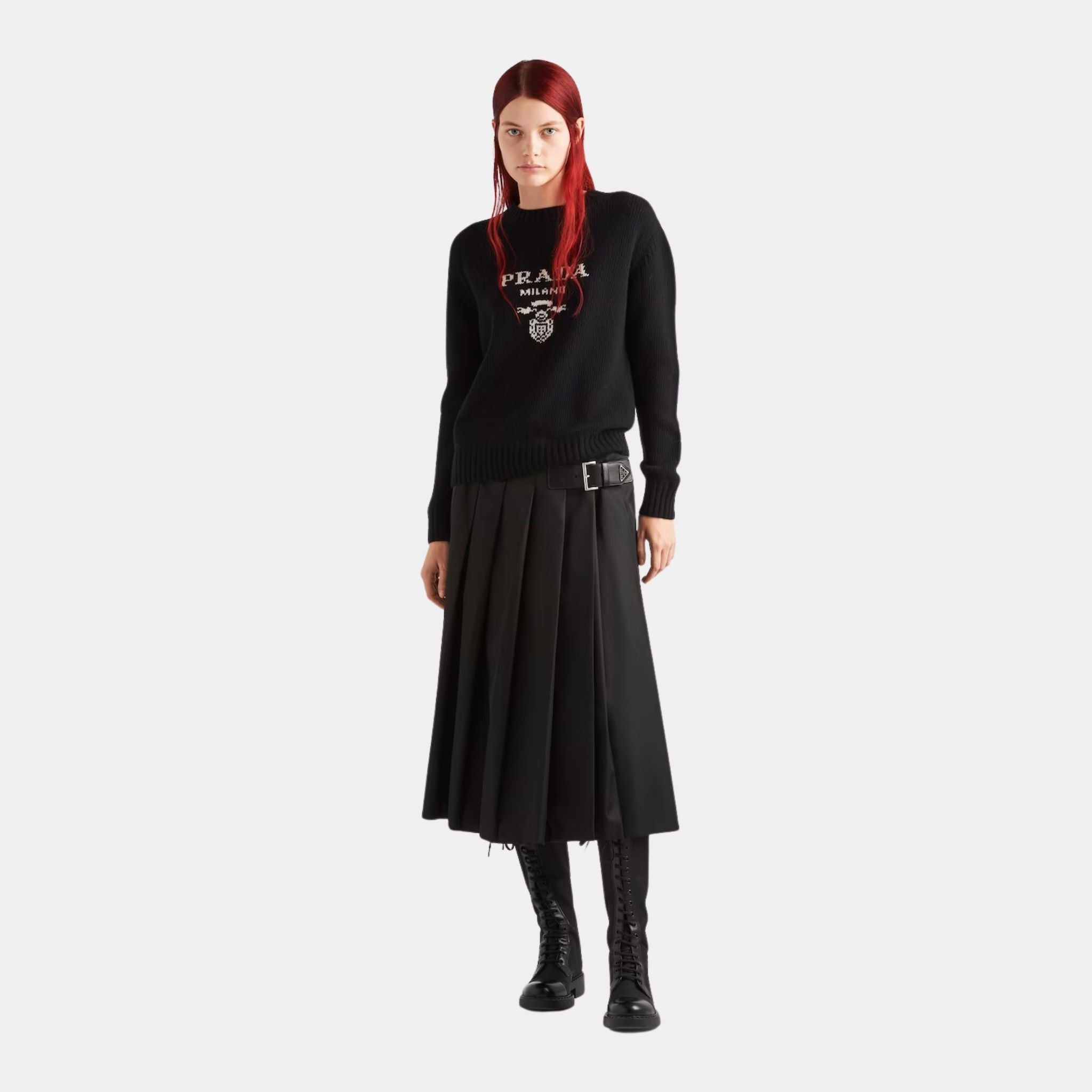 سويتر بياقة مستديرة Prada Logo من كشمير وصوف