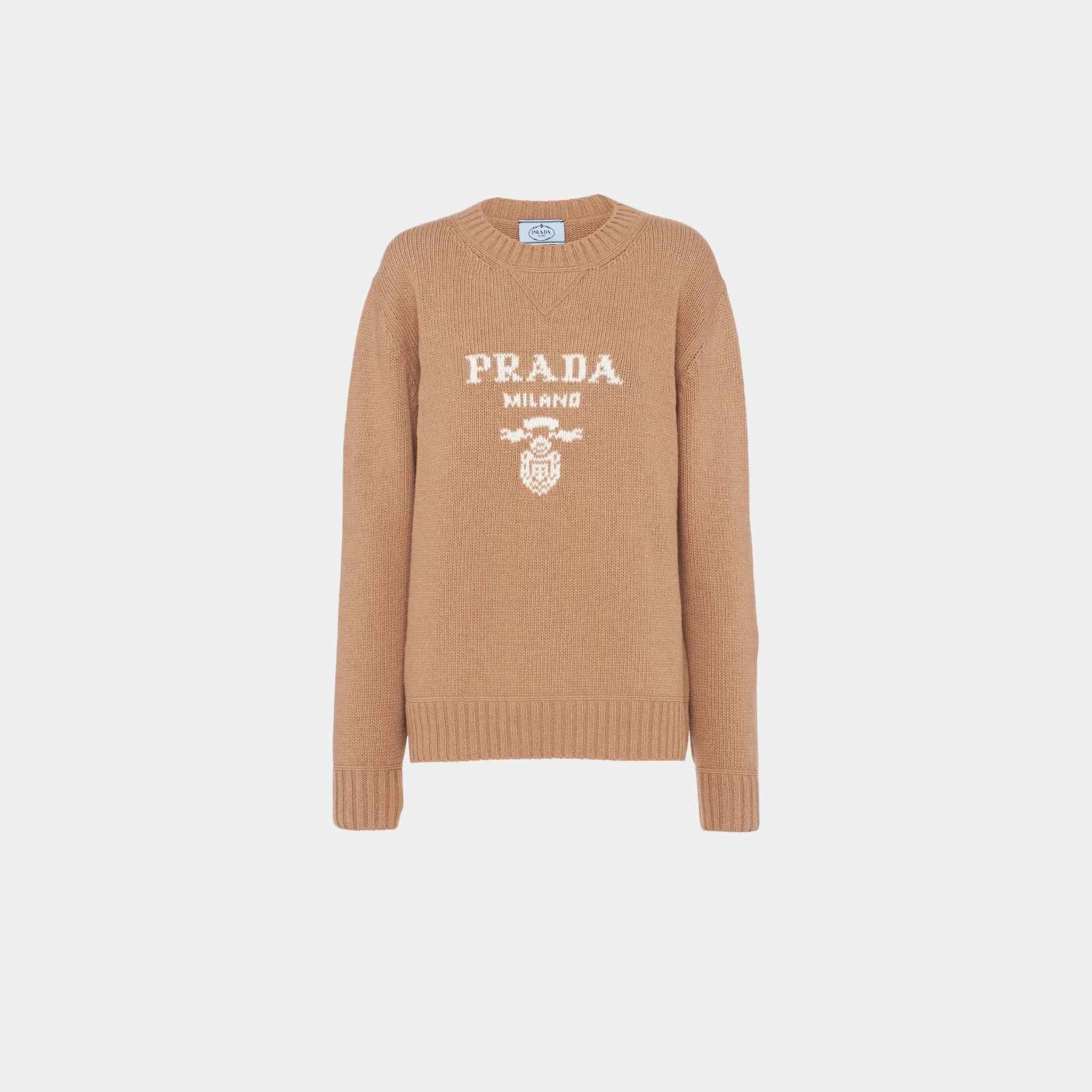 سويتر بياقة مستديرة Prada Logo من كشمير وصوف