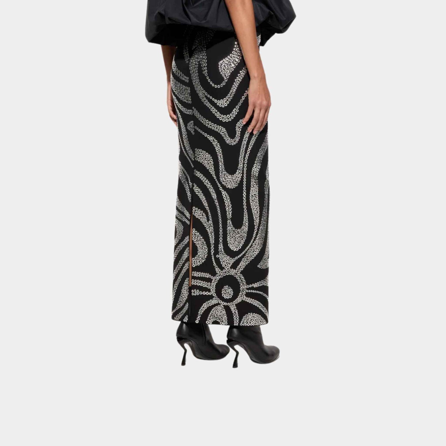 Pucci High Waist Silver Metal Round Stud Embroidered Skirt, Black, Back