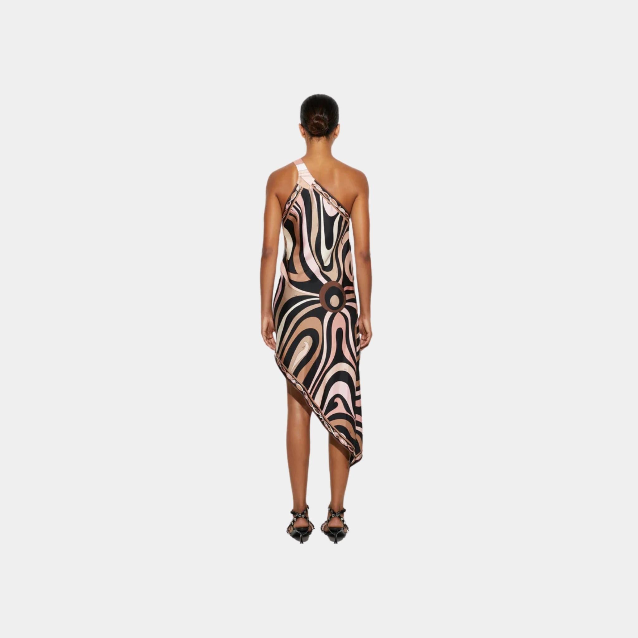 Pucci Marmo Print Asymmetrical Silk Twill Dress, Black, Nude, Back