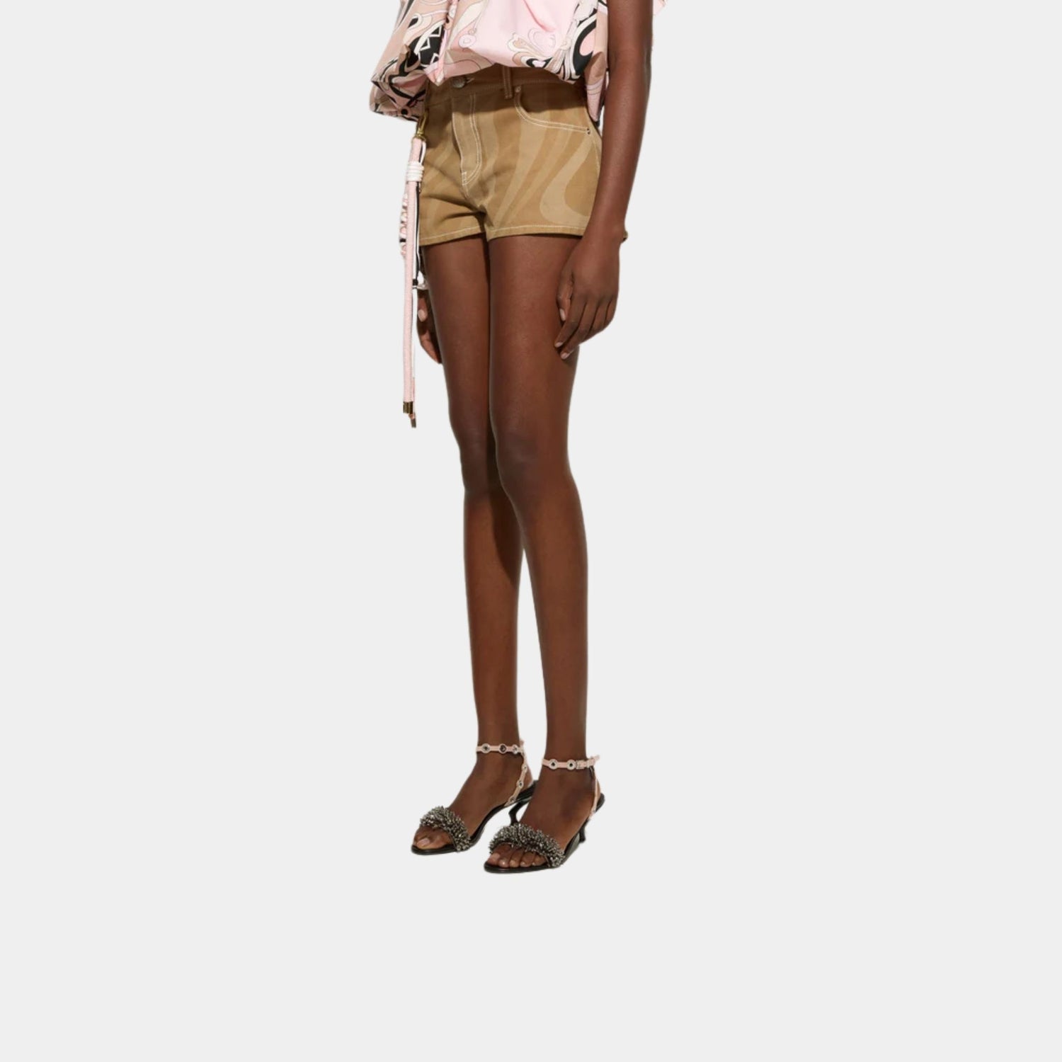 Pucci Marmo Print Canvas High Waist Cotton Shorts, Sand, Model, Front