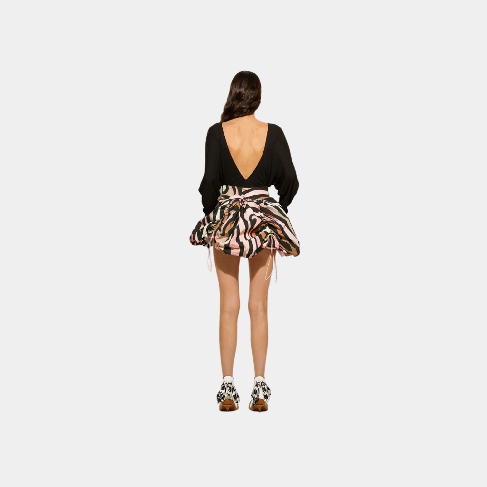 Pucci Marmo Print Flouncy Mini Skirt With Embroidered Tie Detail, Black, Nude, Back