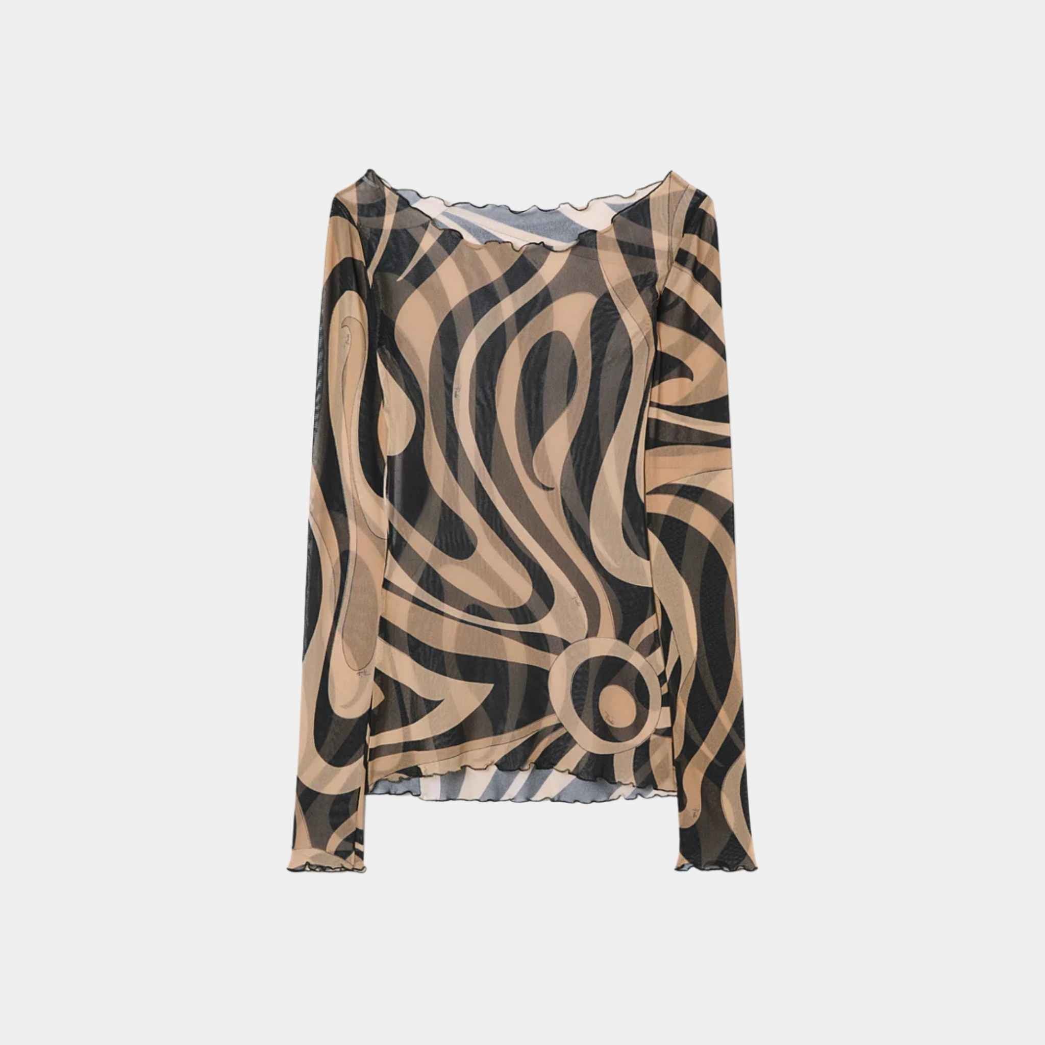 Pucci Marmo Print Tulle Top With Boat Neckline, Black, Beige, Back