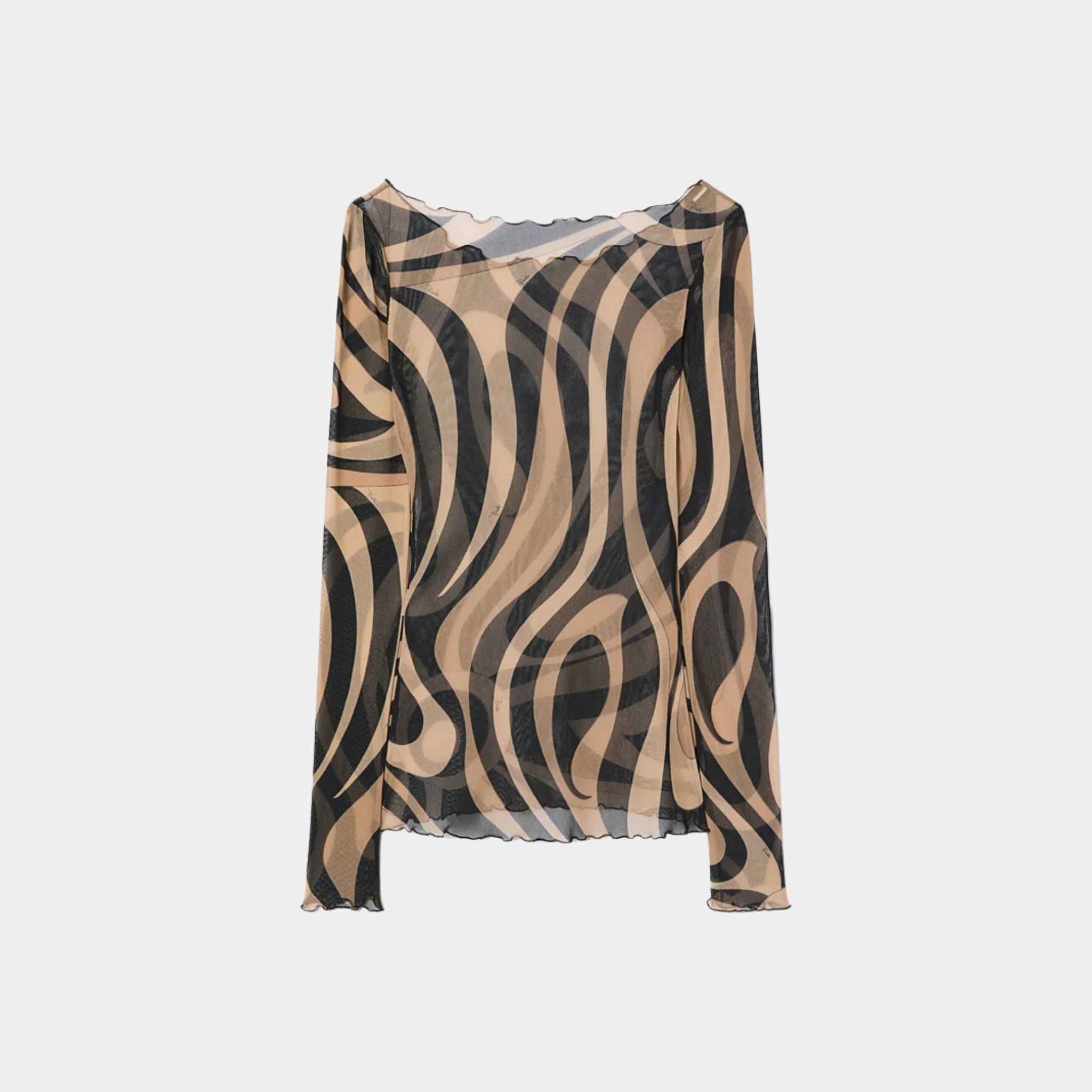 Pucci Marmo Print Tulle Top With Boat Neckline, Black, Beige, Front