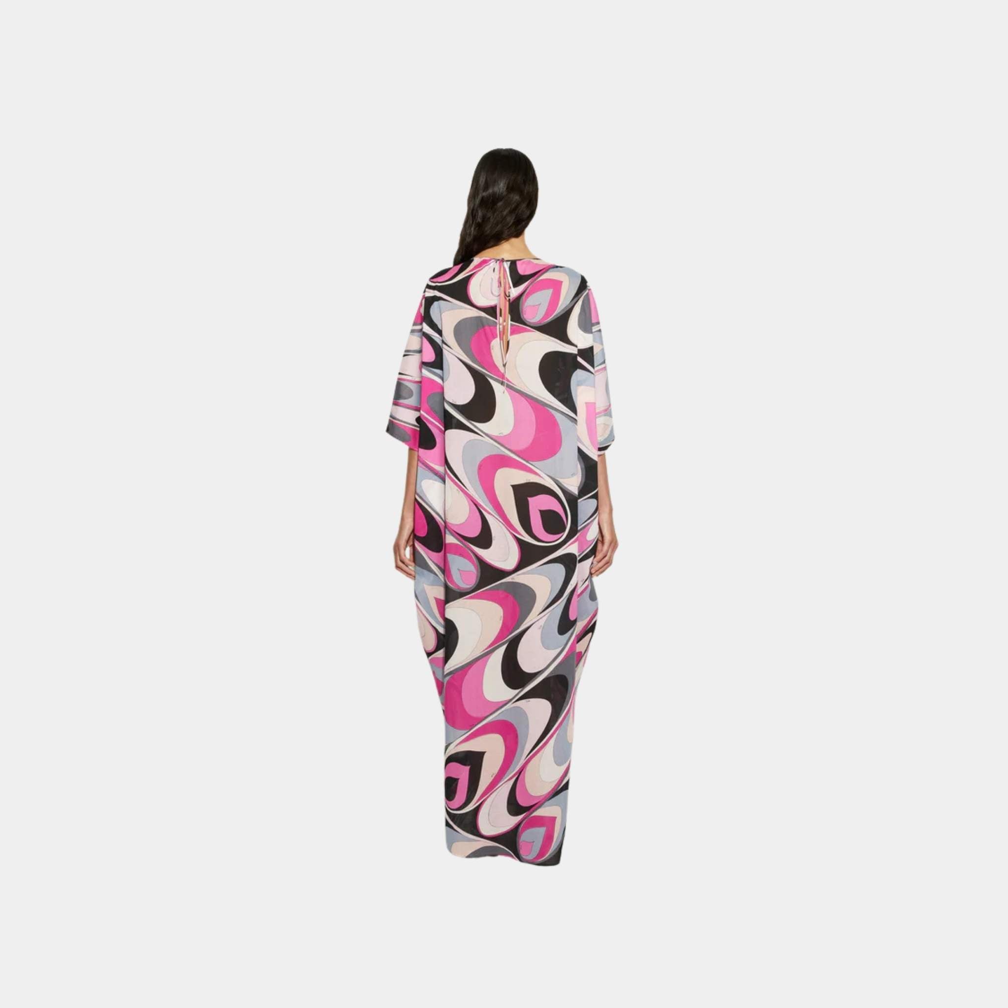 Pucci Onde Print Cotton Kaftan, Black, Fuchsia, Back