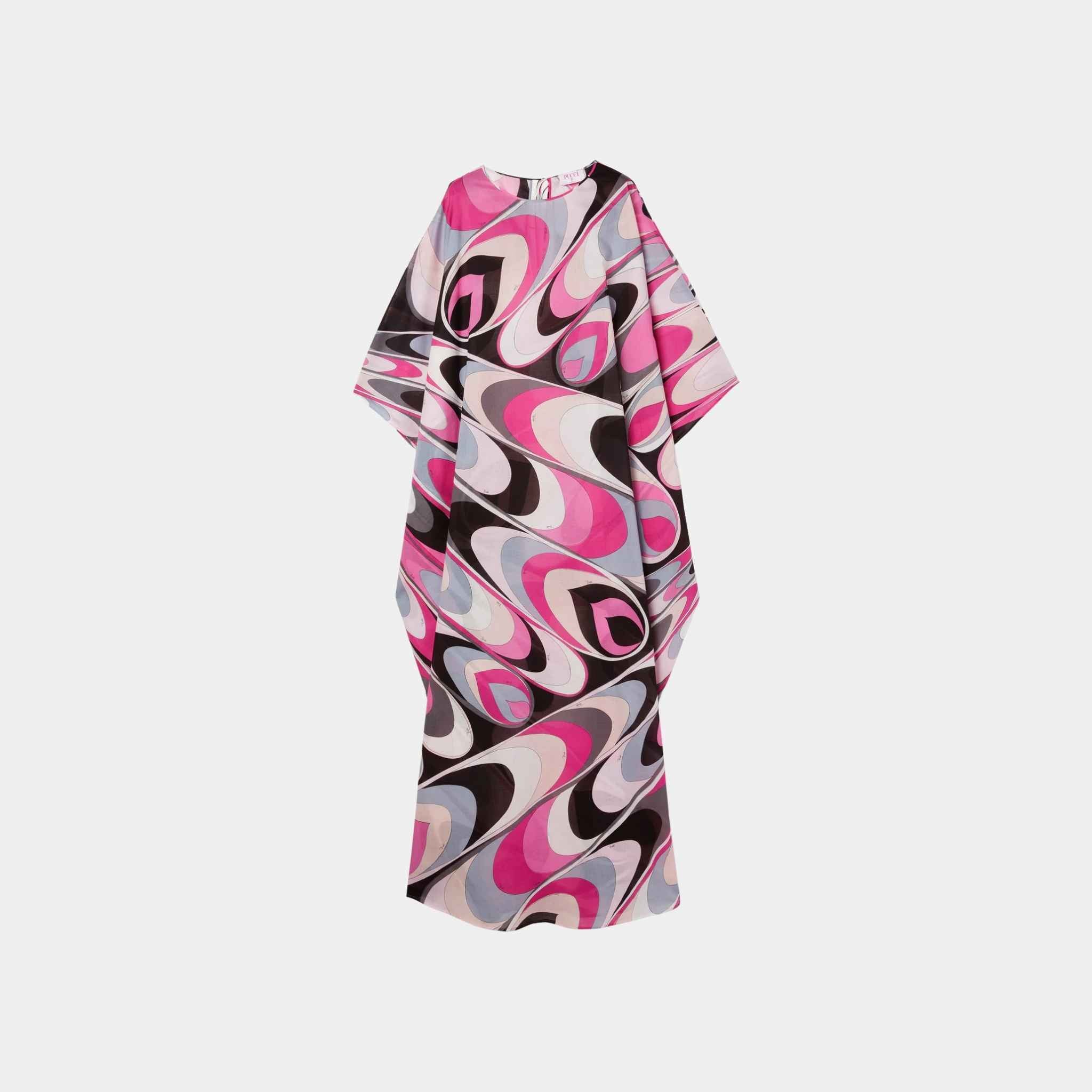 Pucci Onde Print Cotton Kaftan, Black, Fuchsia, Front