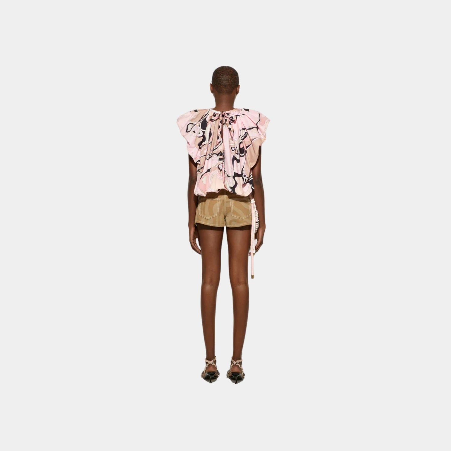 Pucci Orchidee Print Voluminous Cotton Poplin Top, Nude, Back