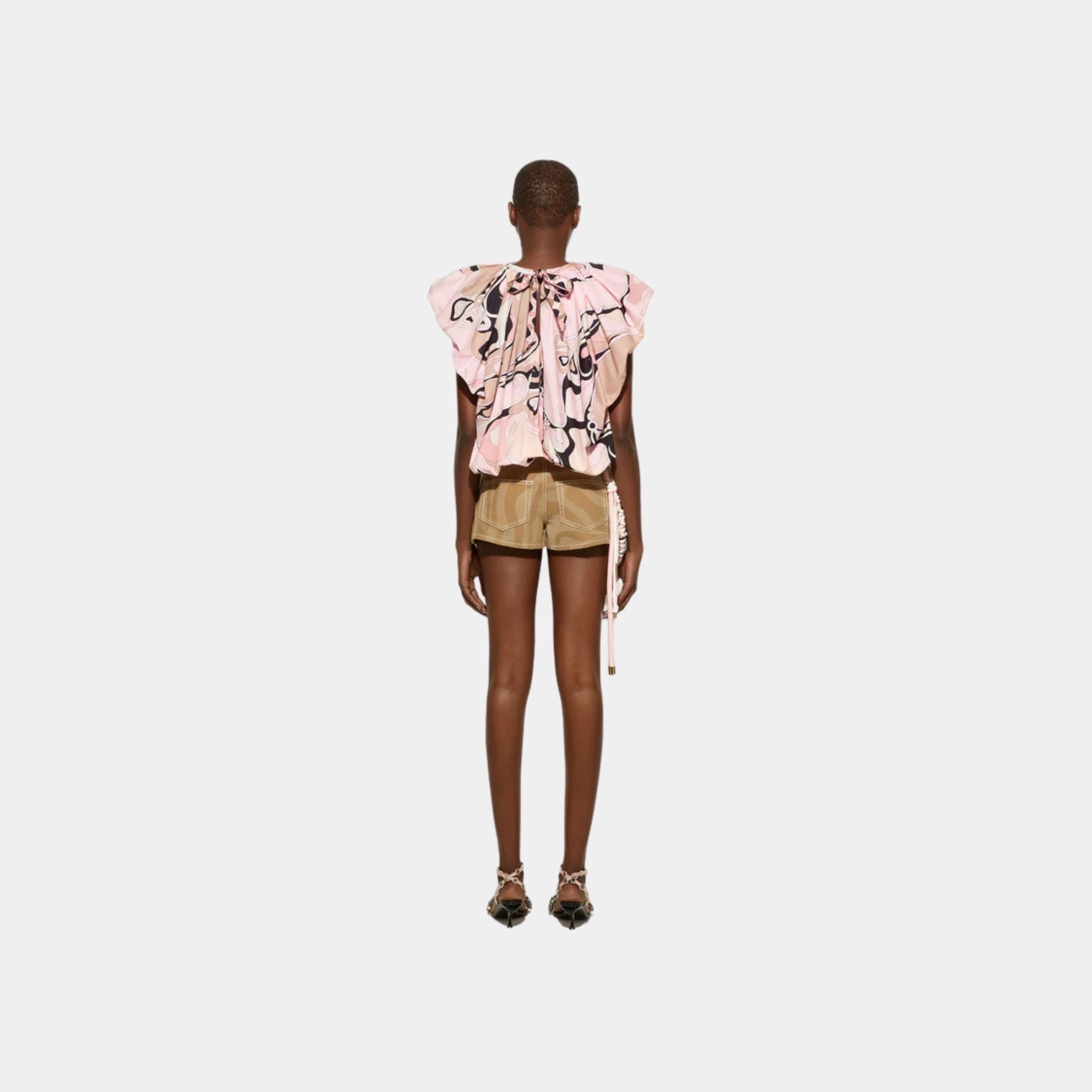 Pucci Orchidee Print Voluminous Cotton Poplin Top, Nude, Back