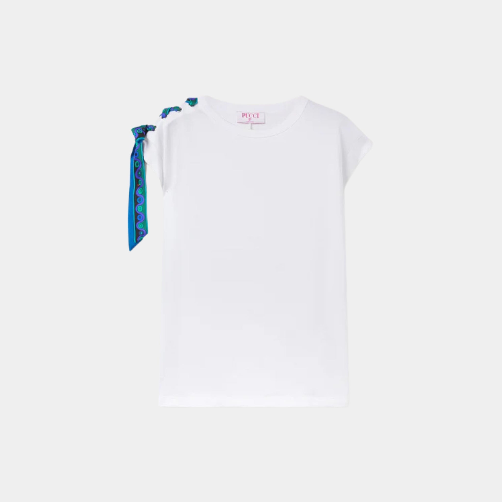Pucci Short Sleeve Cotton T-Shirt With Printed Drawstring, White, Front