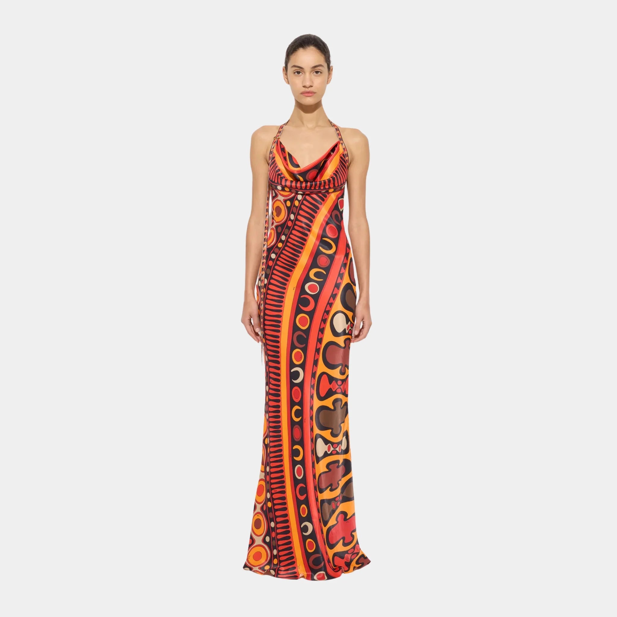 Pucci Soleil Print Satin Dress, Orange Black, Model, Front