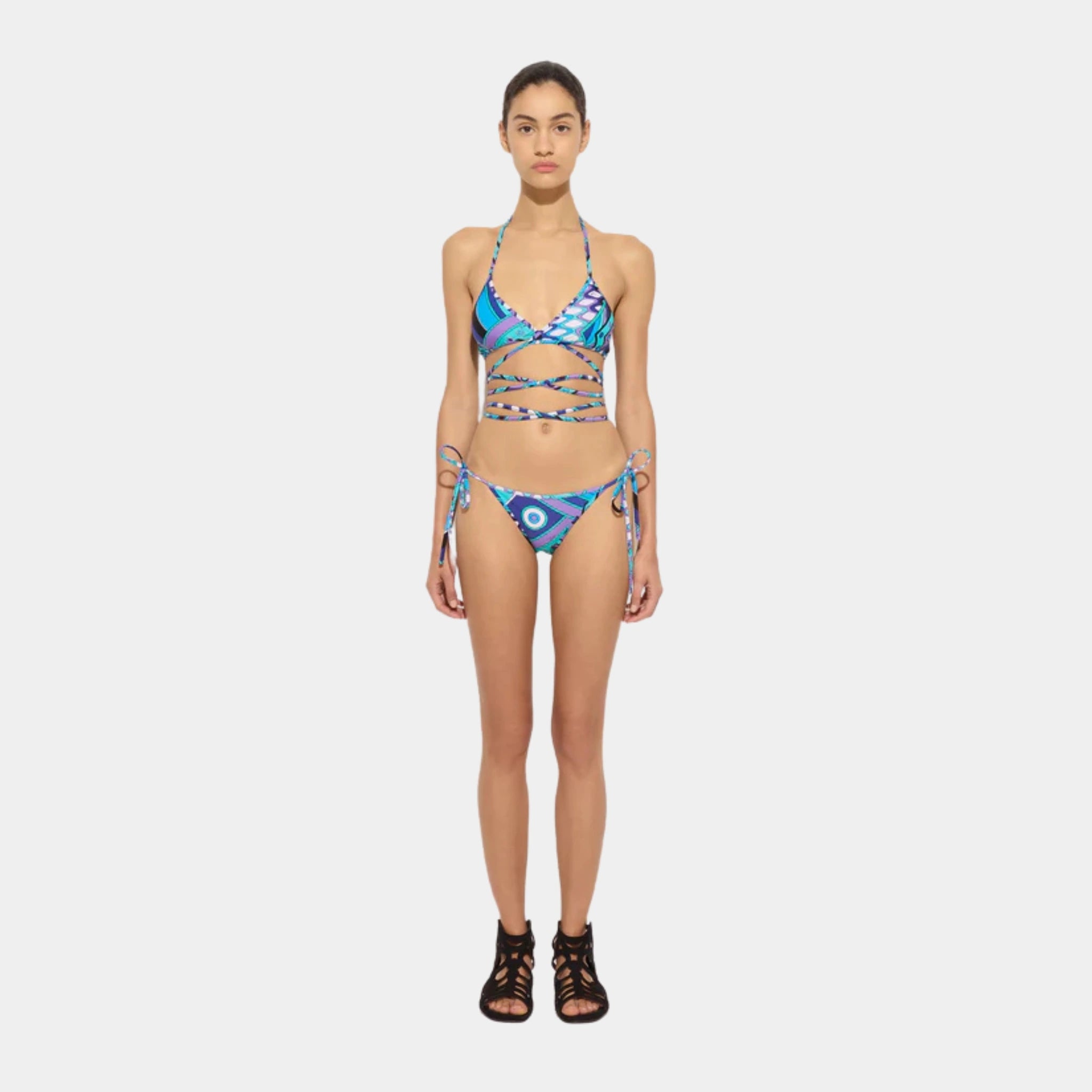 Pucci Vivara Print Triangle Bikini Top, Turquoise, Model, Front