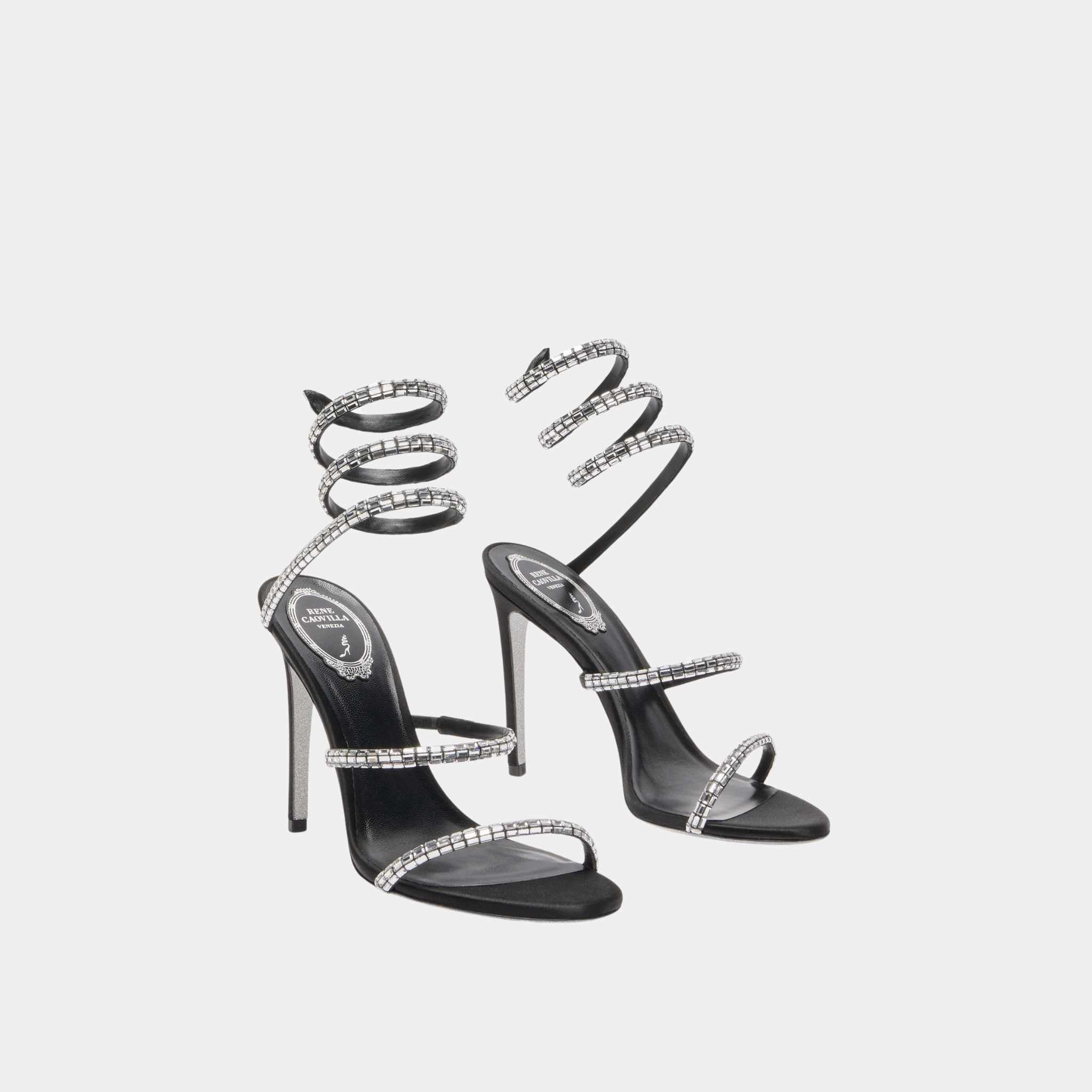 Rene Caovilla Cleo Black Sandal With Crystal Baguette 105, Front