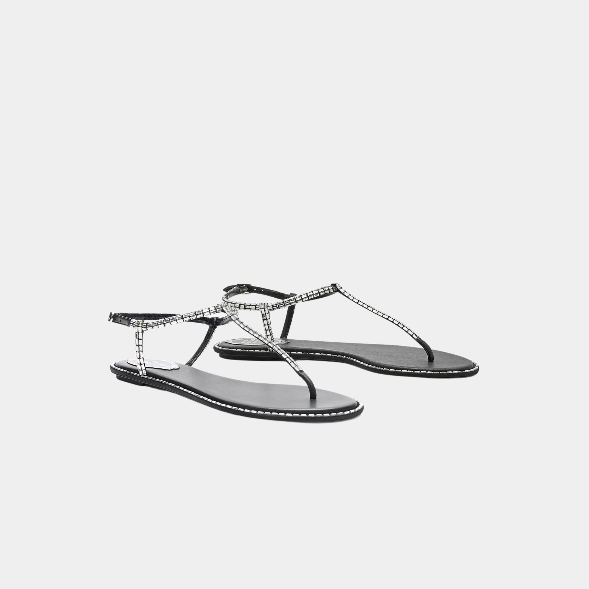 Rene Caovilla Diana Black Sandal With Crystal Baguette, Front