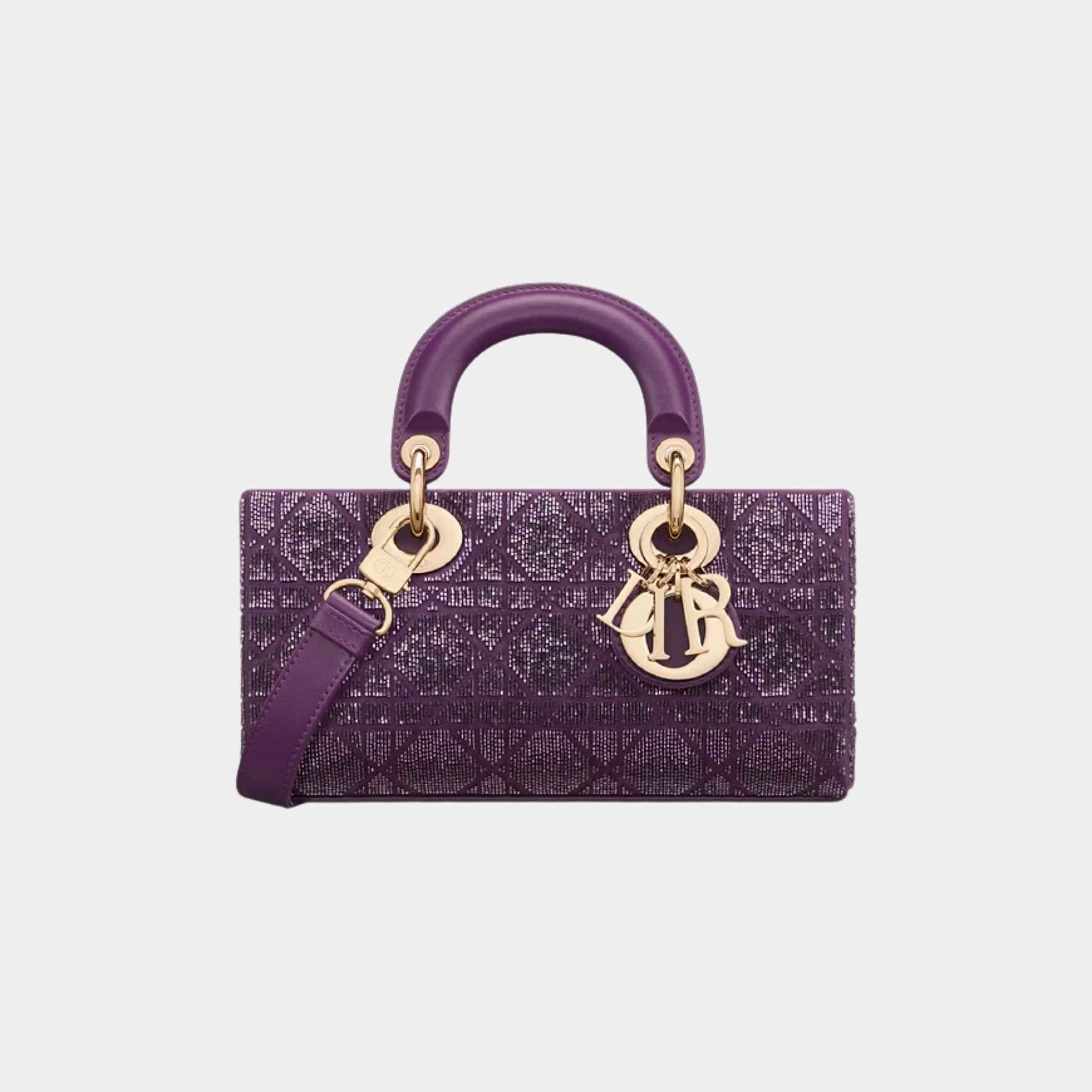 Dior Small Lady D-Joy Bag Microbead-Embroidered Cotton, Royal Purple, Front