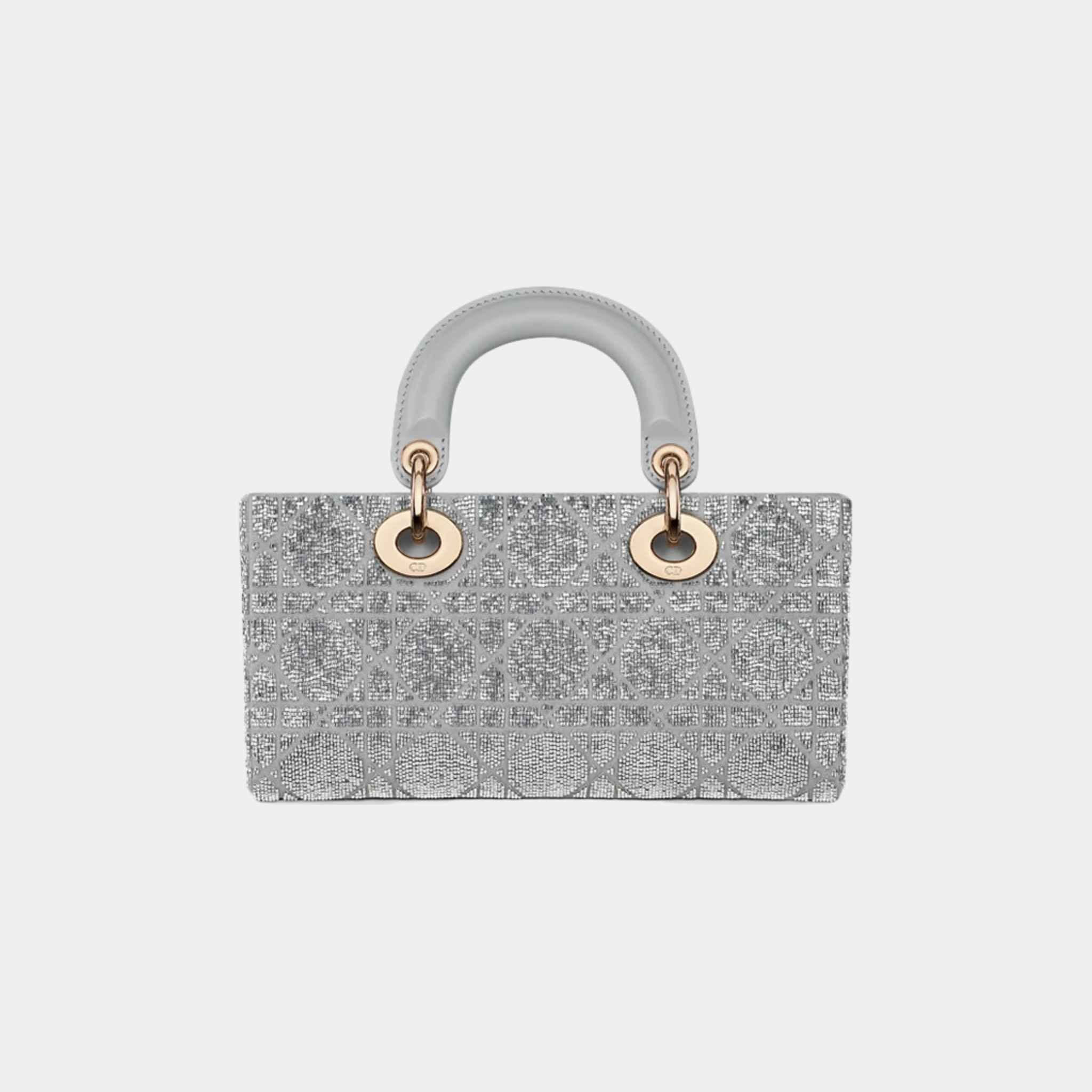 Dior Small Lady D-Joy Bag Microbead-Embroidered Cotton, Silver, Back