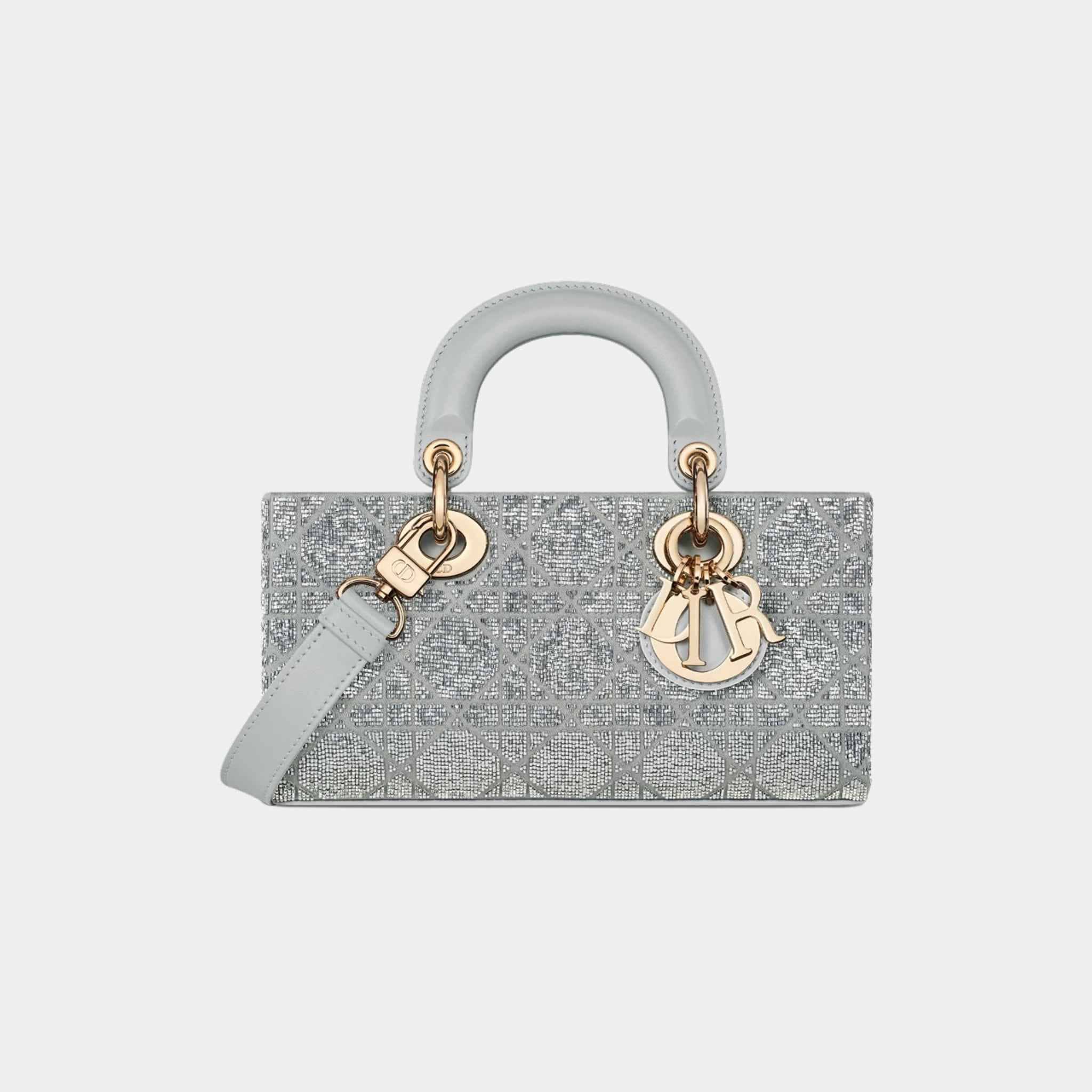 Dior Small Lady D-Joy Bag Microbead-Embroidered Cotton, Silver, Front