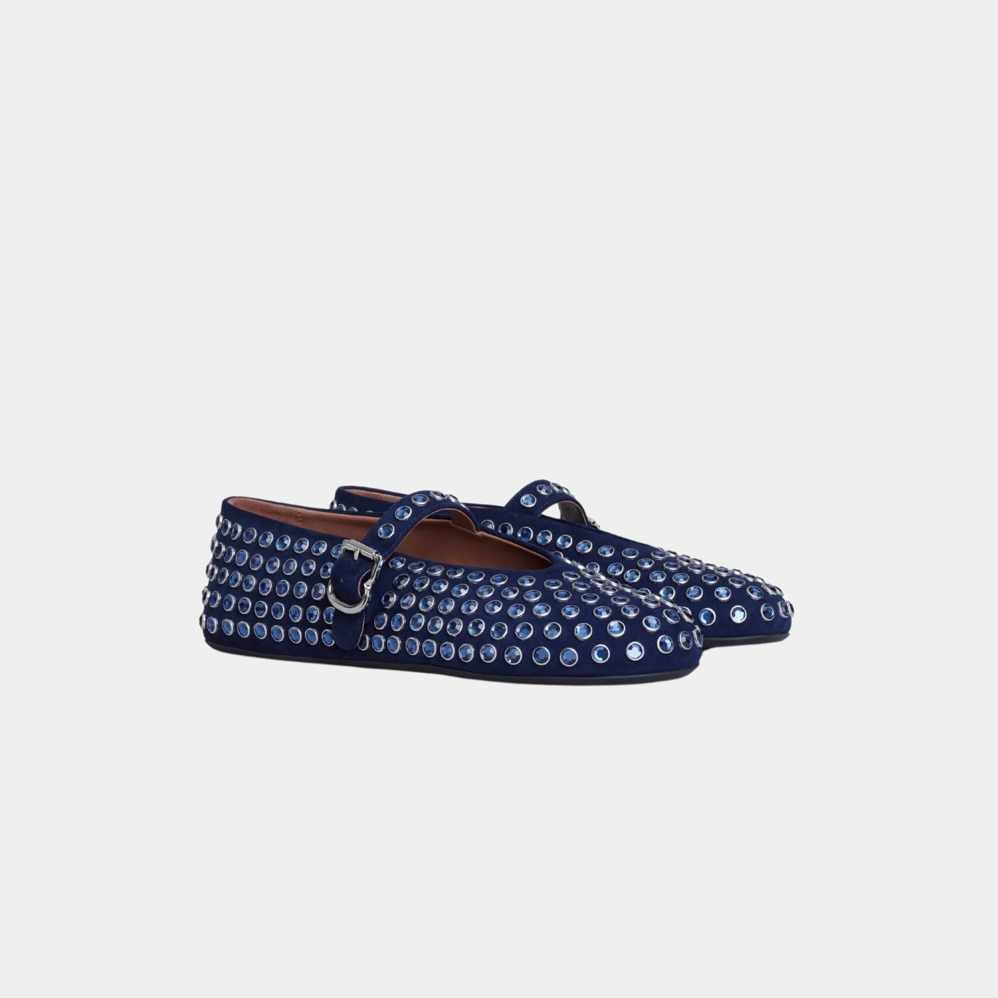 Alaïa Strass Suede Ballet Flats, Dark Blue, Front