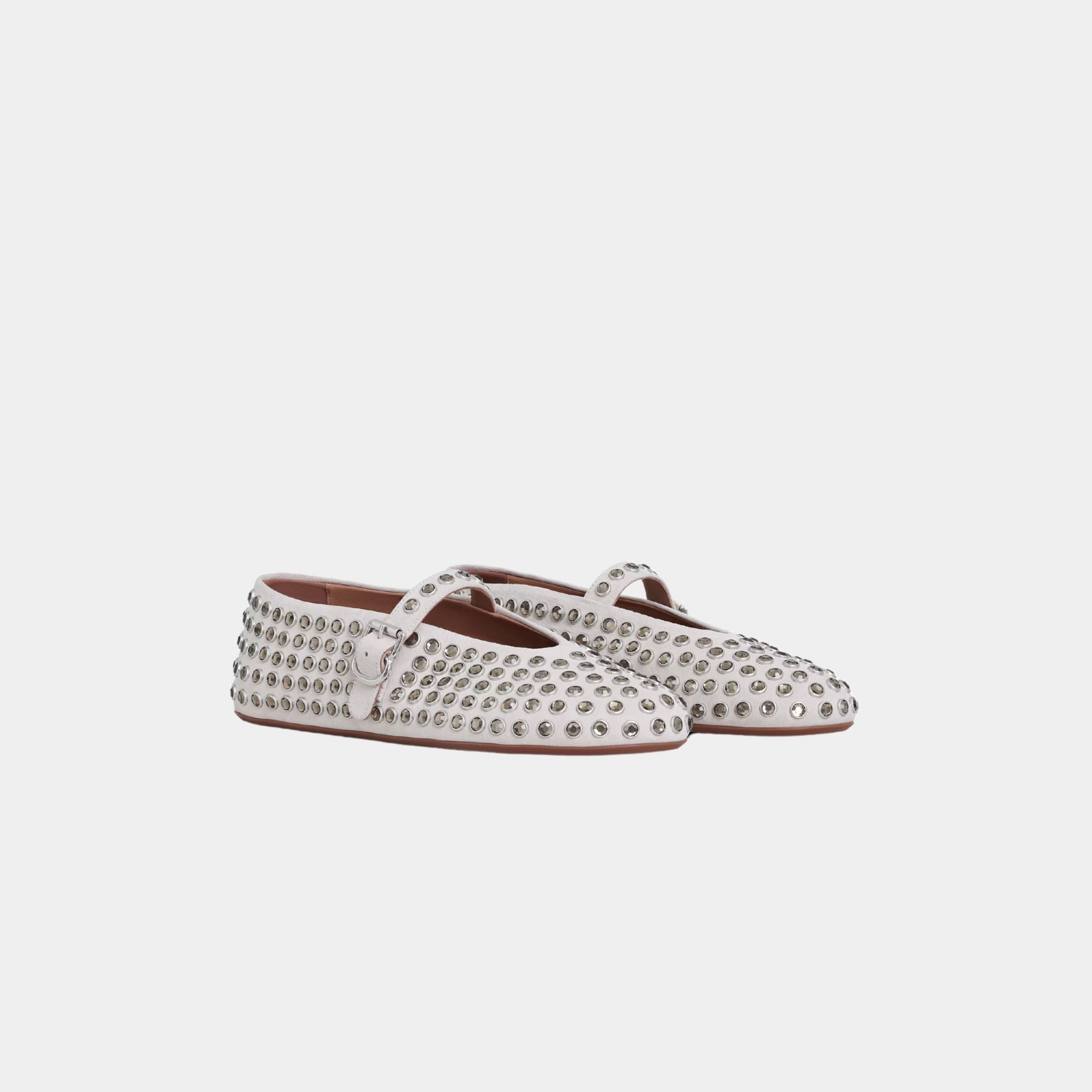 Alaïa Strass Suede Ballet Flats, Gray, Front