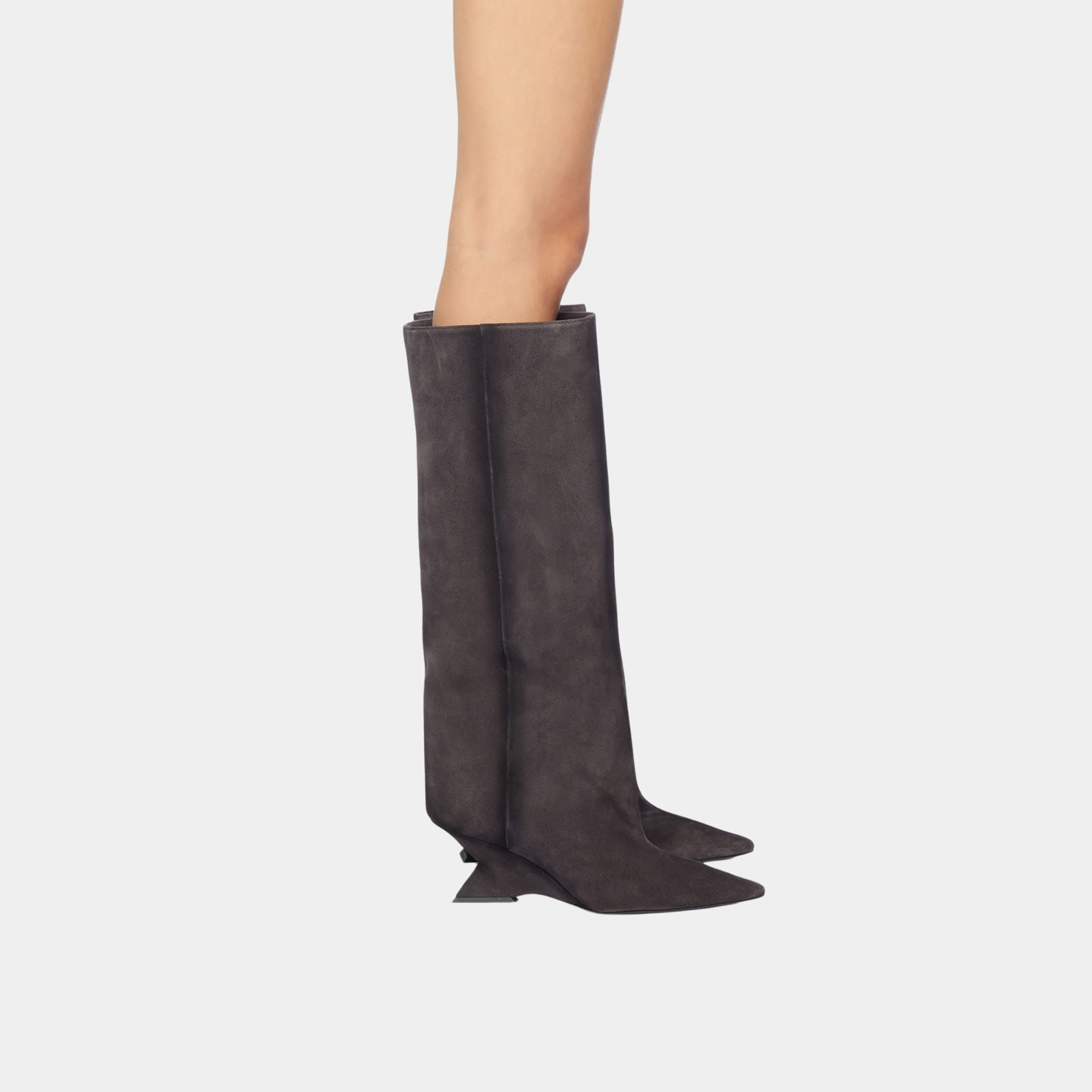 The Attico Cheope Dark Grey Brushed Suede Wedge Heel Boot, Model, Side