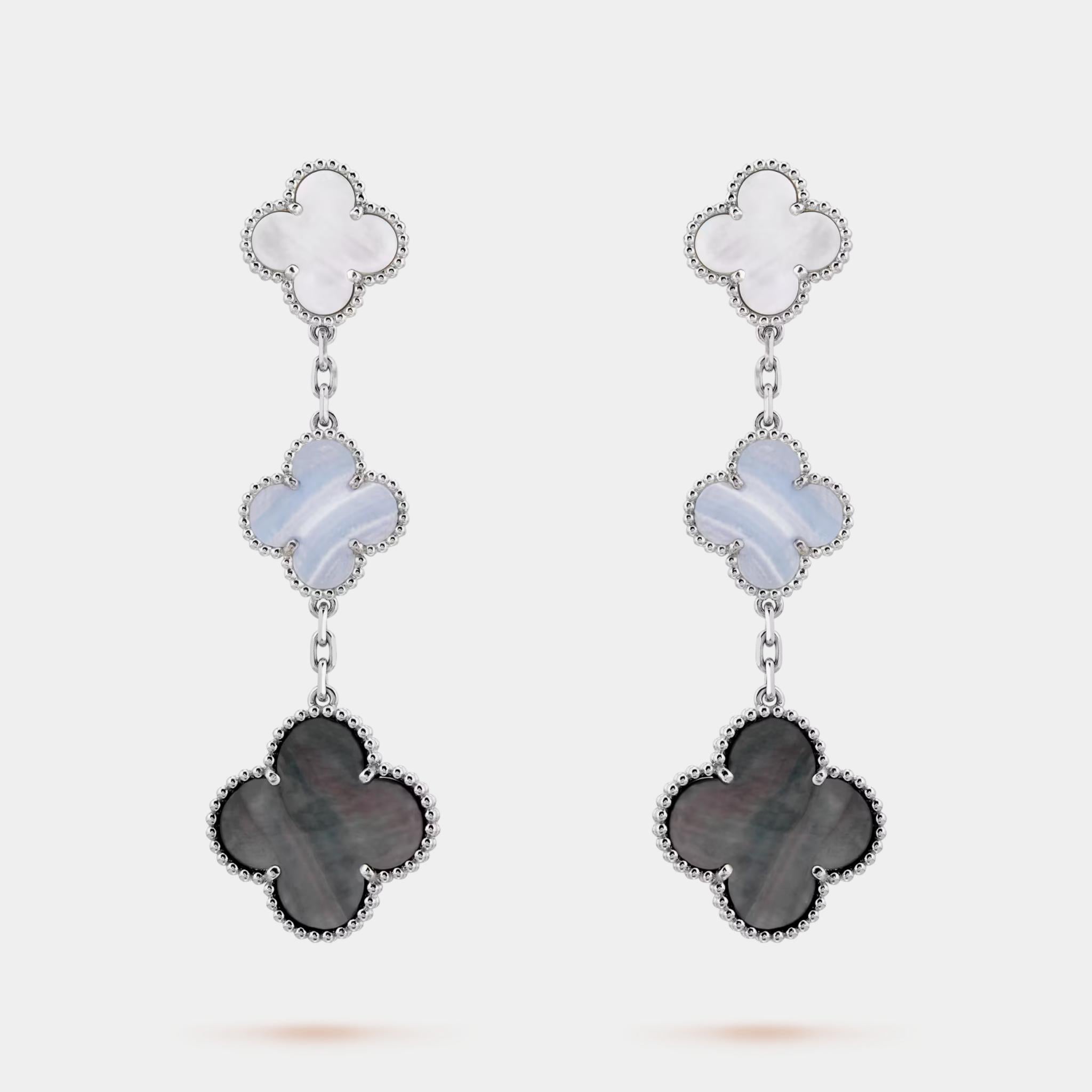 Van Cleef & Arpels Magic Alhambra earrings White Gold Chalcedony Pearl, Front