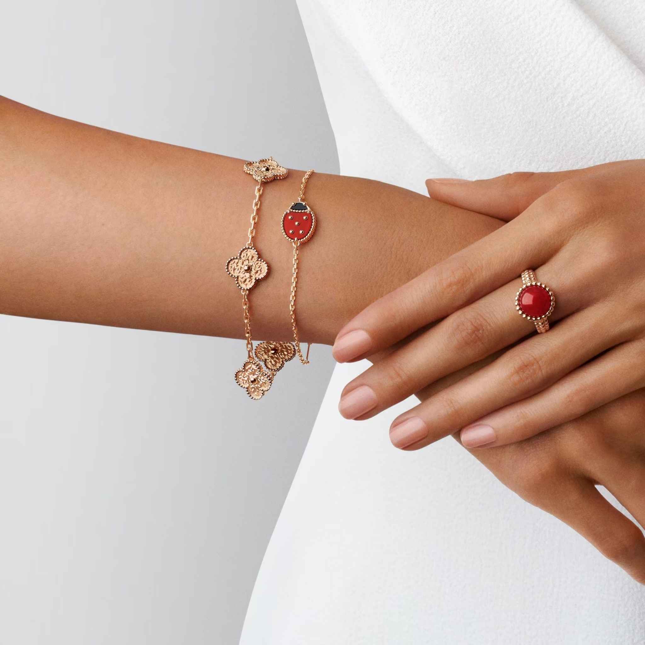 Van Cleef & Arpels Alhambra Vintage Rose Gold Motifs Bracelet, Hand Closeup