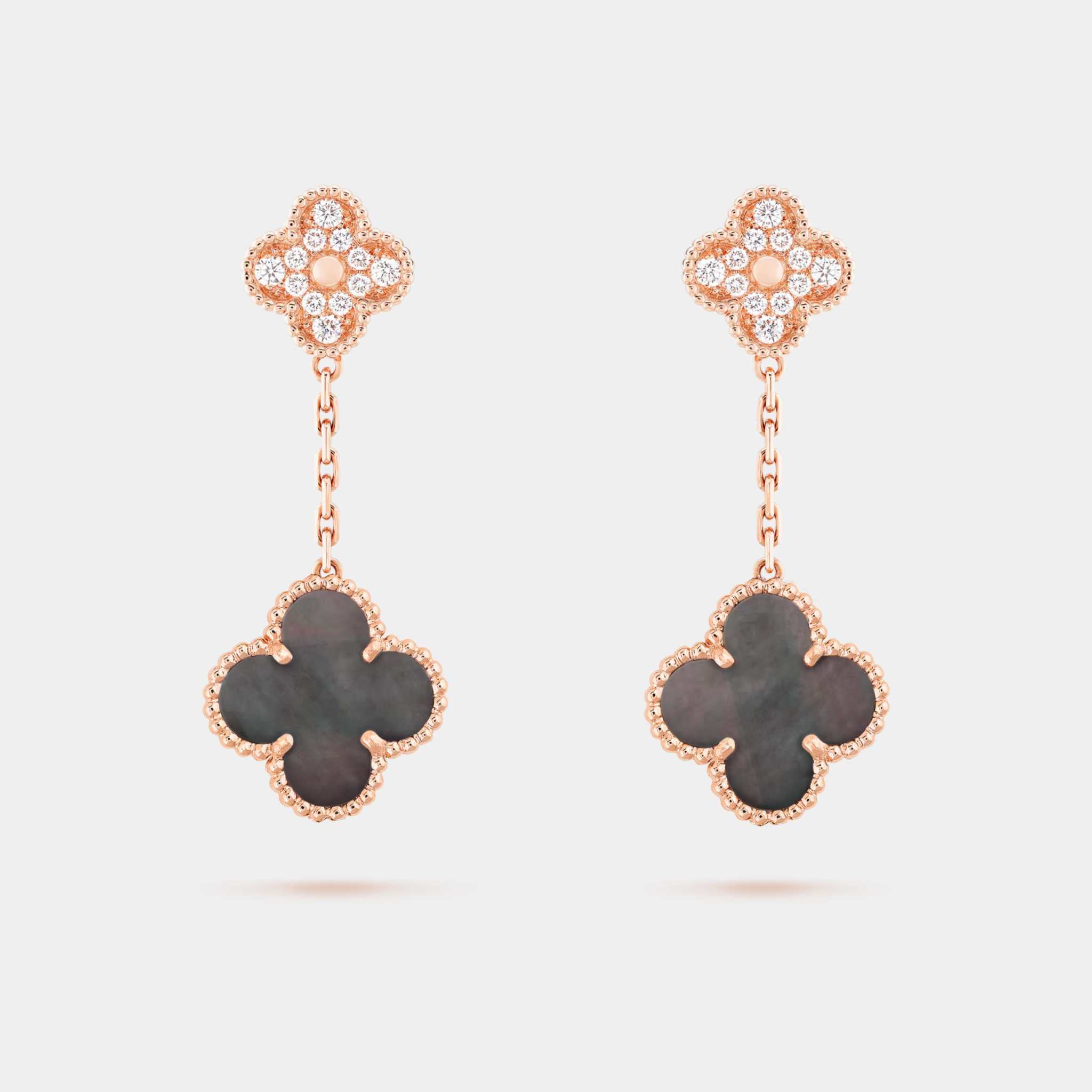 Van Cleef & Arpels Magic Alhambra Earrings 2 Motif Gold Diamond Pearl, Front