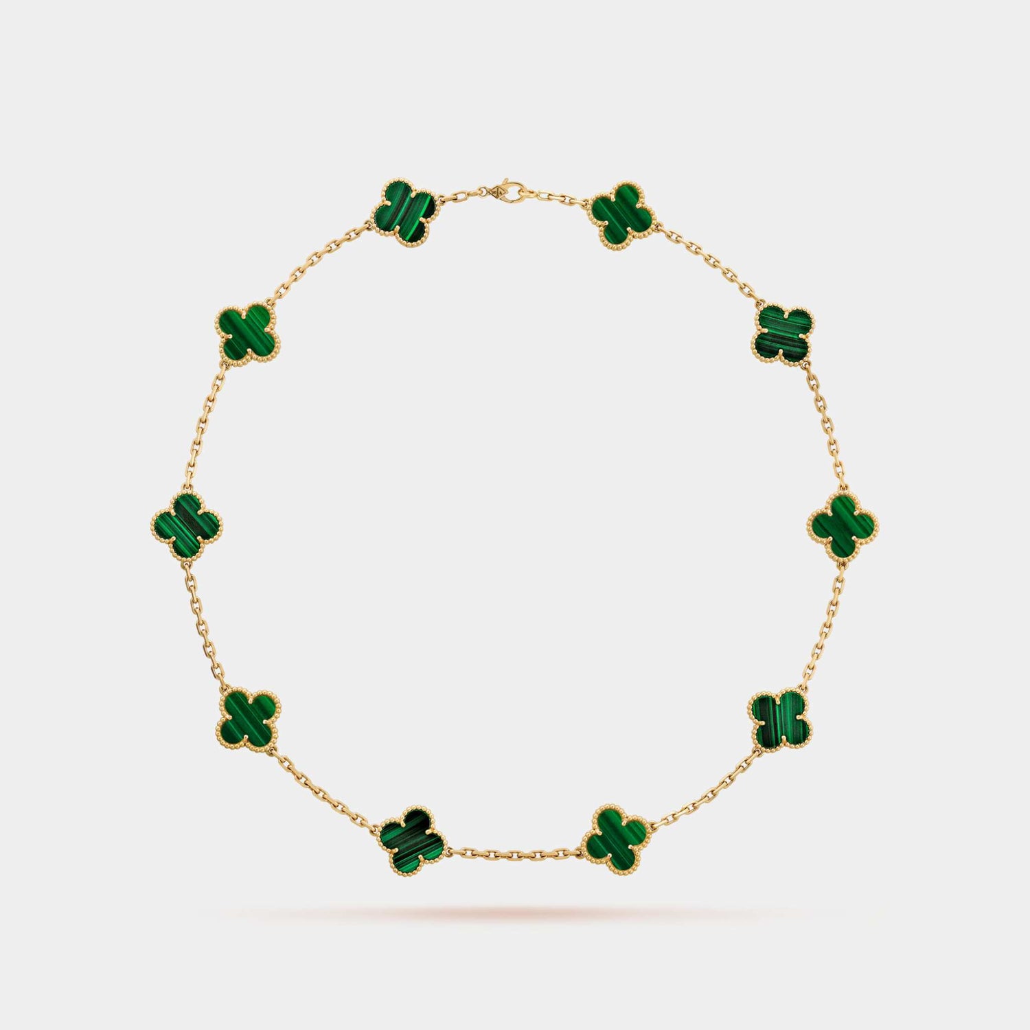 Vintage Alhambra Necklace 10 Motifs Yellow Gold Malachite, Front