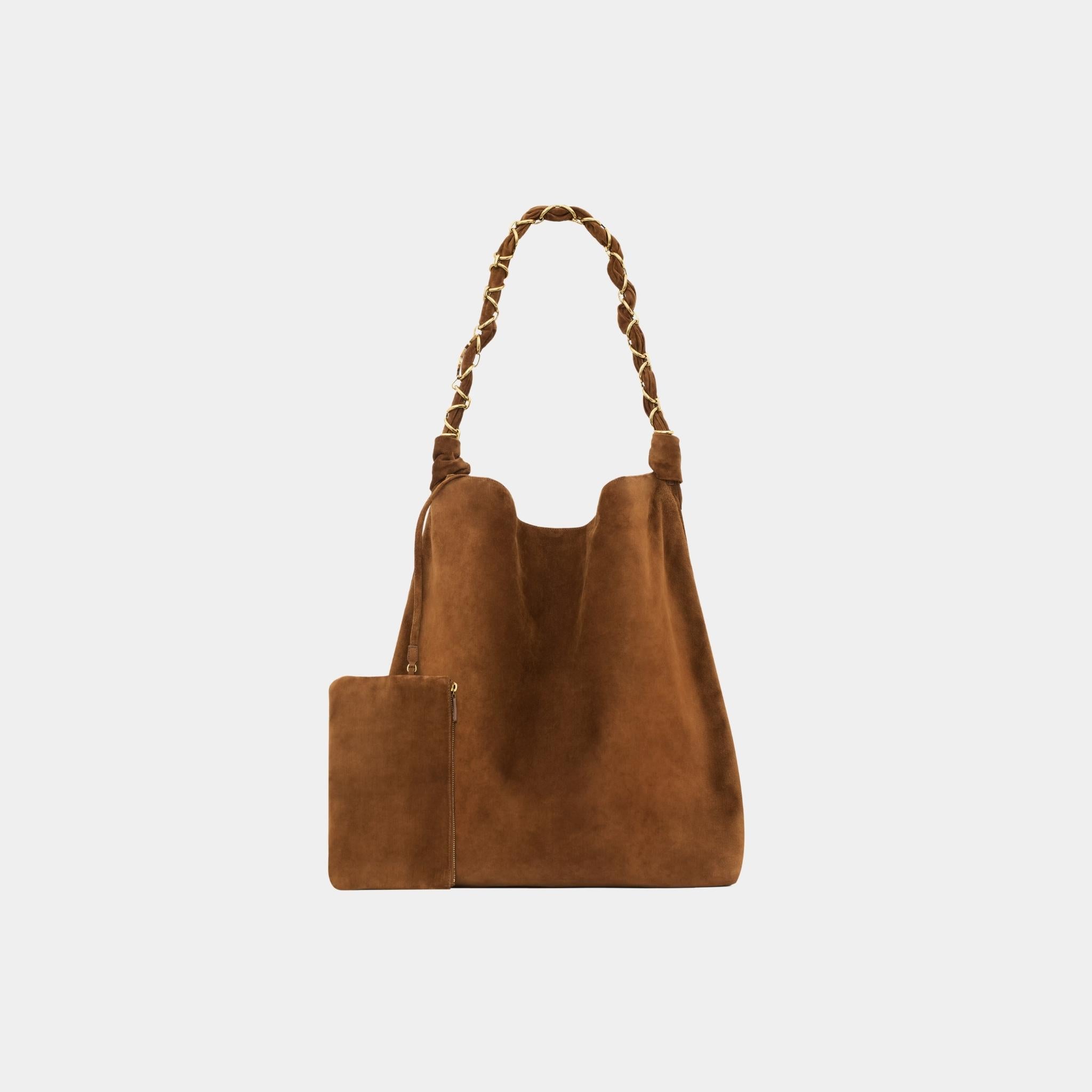 Yves Saint Laurent Amalia In Suede With Woven CASSANDRE Jewelry Chain, Front, Pouch