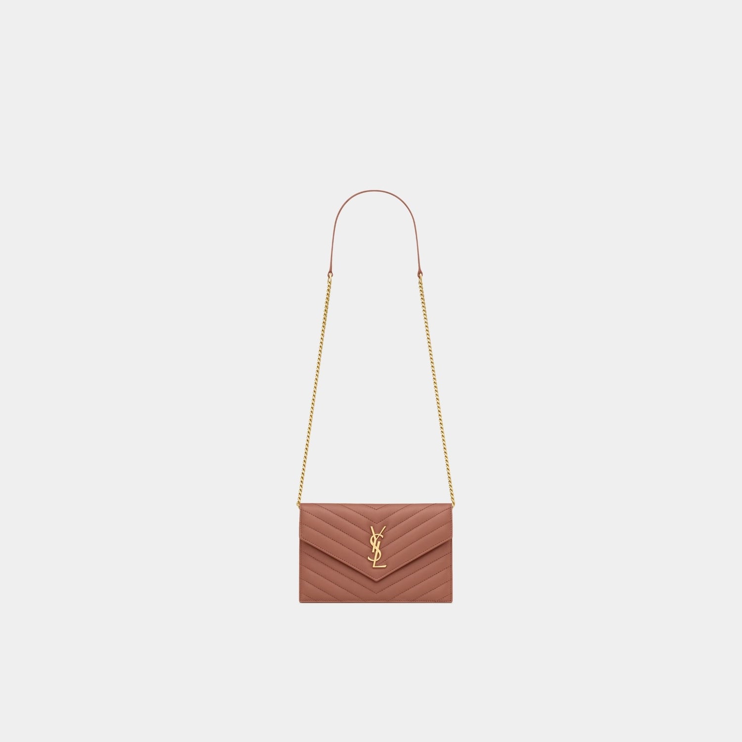 Yves Saint Laurent Cassandre Envelope Chain Wallet In Lambskin, Barely Pink, Front