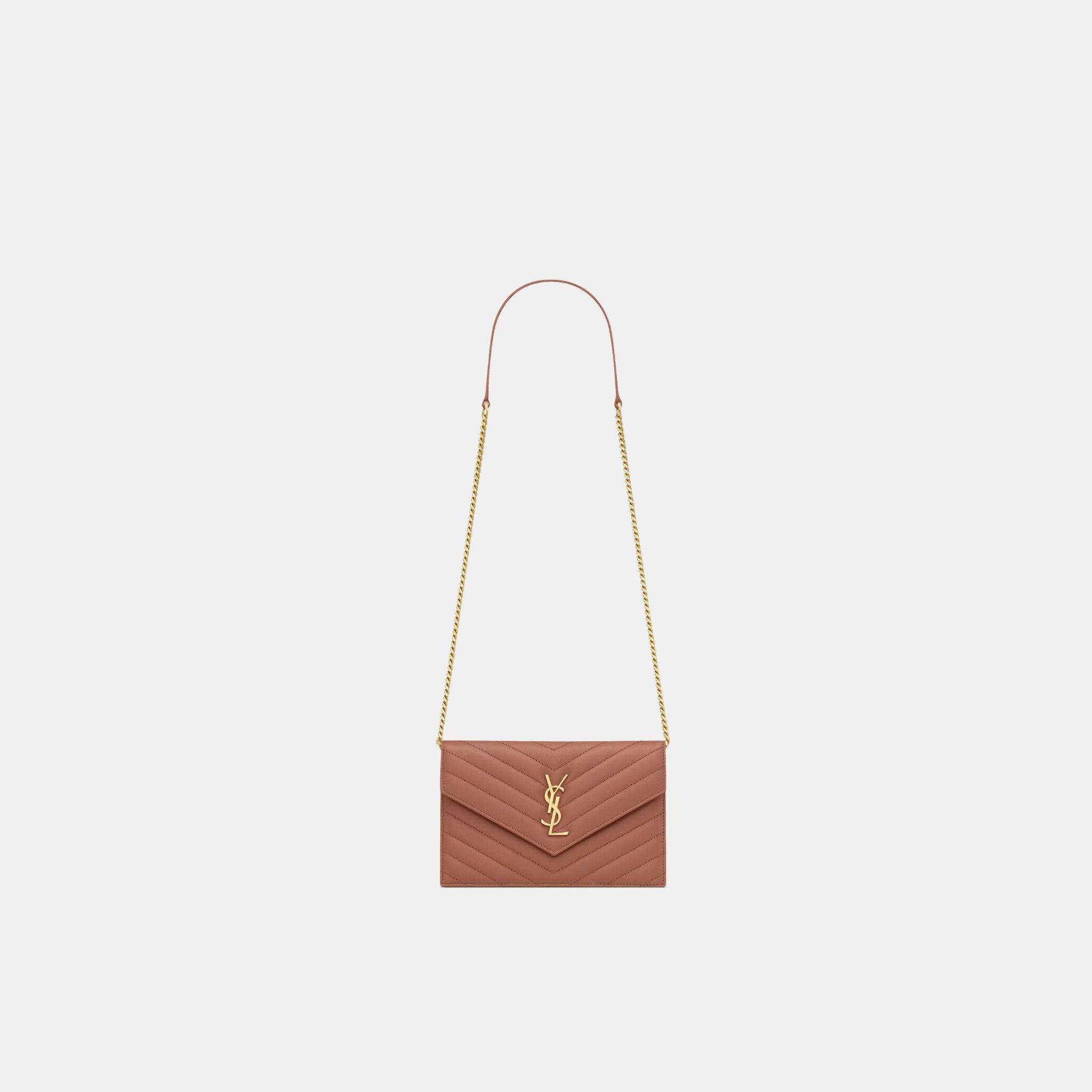 Yves Saint Laurent Cassandre Envelope Chain Wallet In Lambskin, Barely Pink, Front