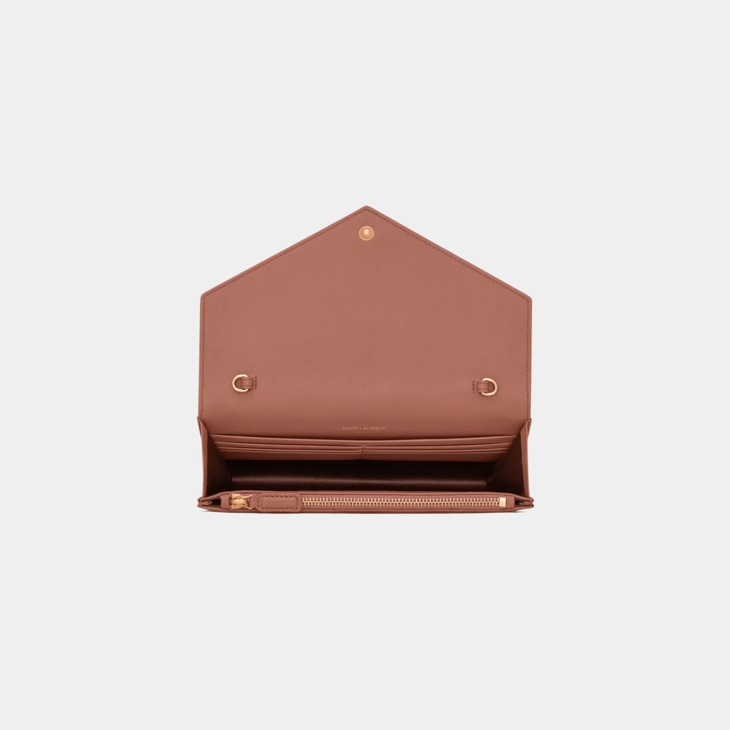 Yves Saint Laurent Cassandre Envelope Chain Wallet In Lambskin, Barely Pink, Top