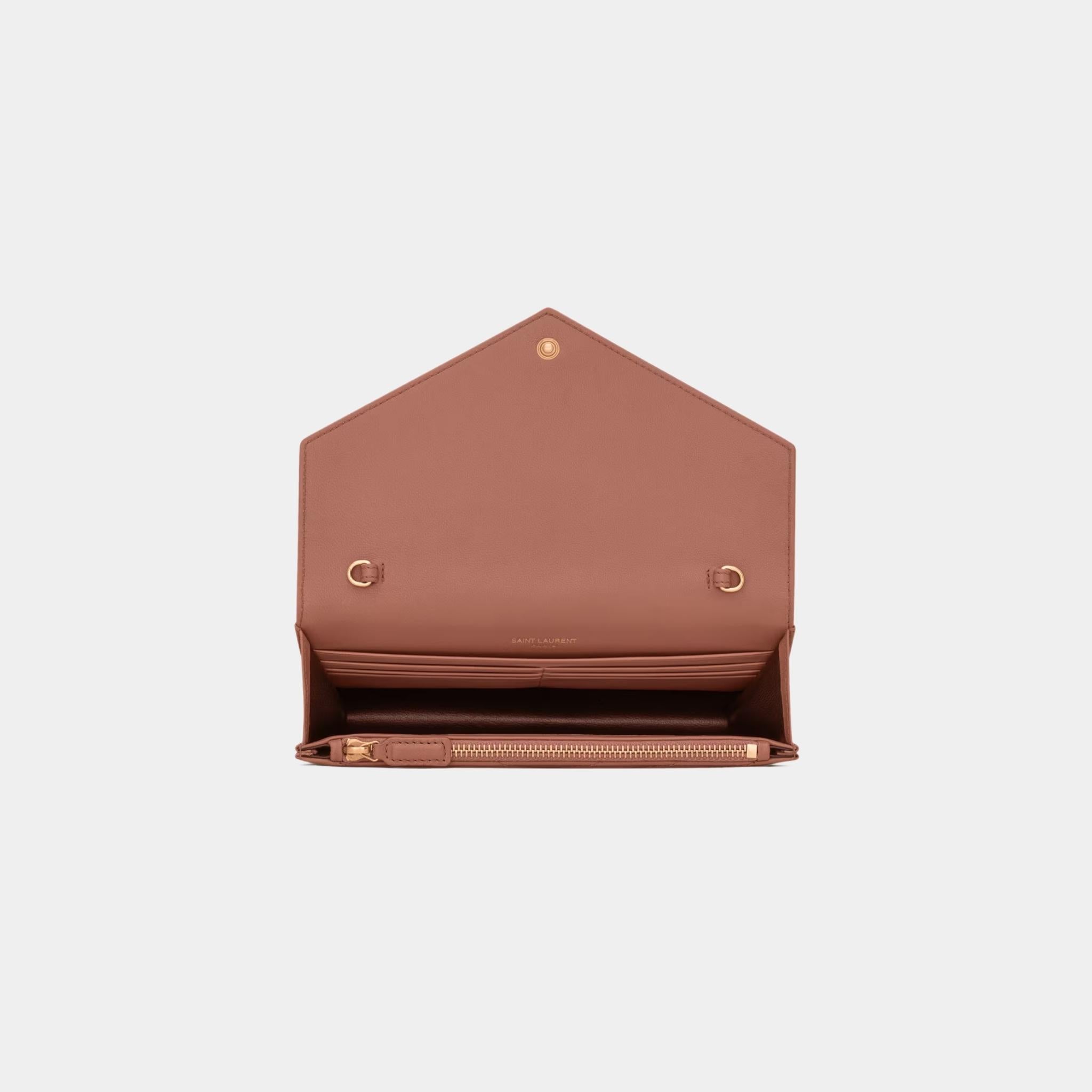 Yves Saint Laurent Cassandre Envelope Chain Wallet In Lambskin, Barely Pink, Top