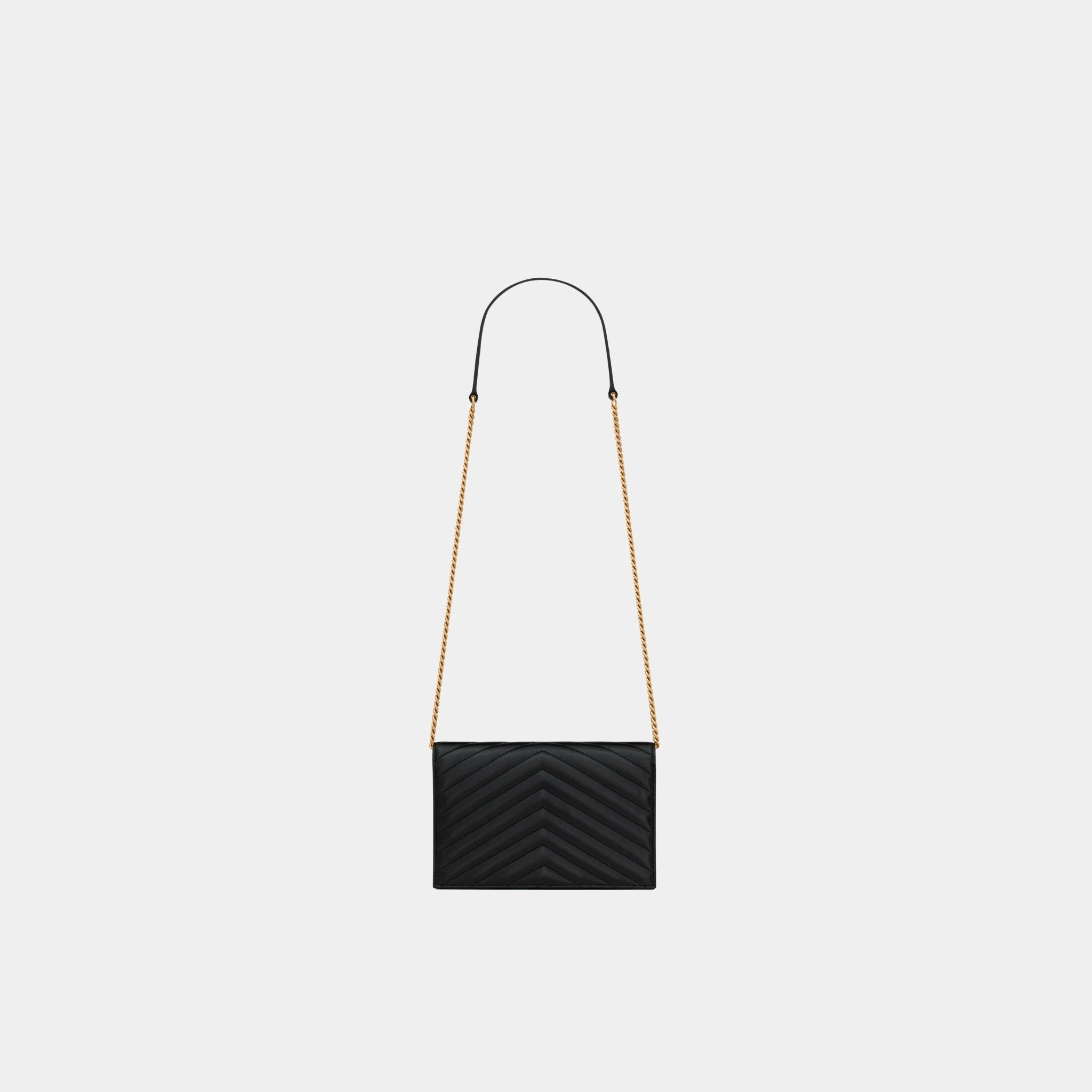 Yves Saint Laurent Cassandre Envelope Chain Wallet In Lambskin, Black, Back