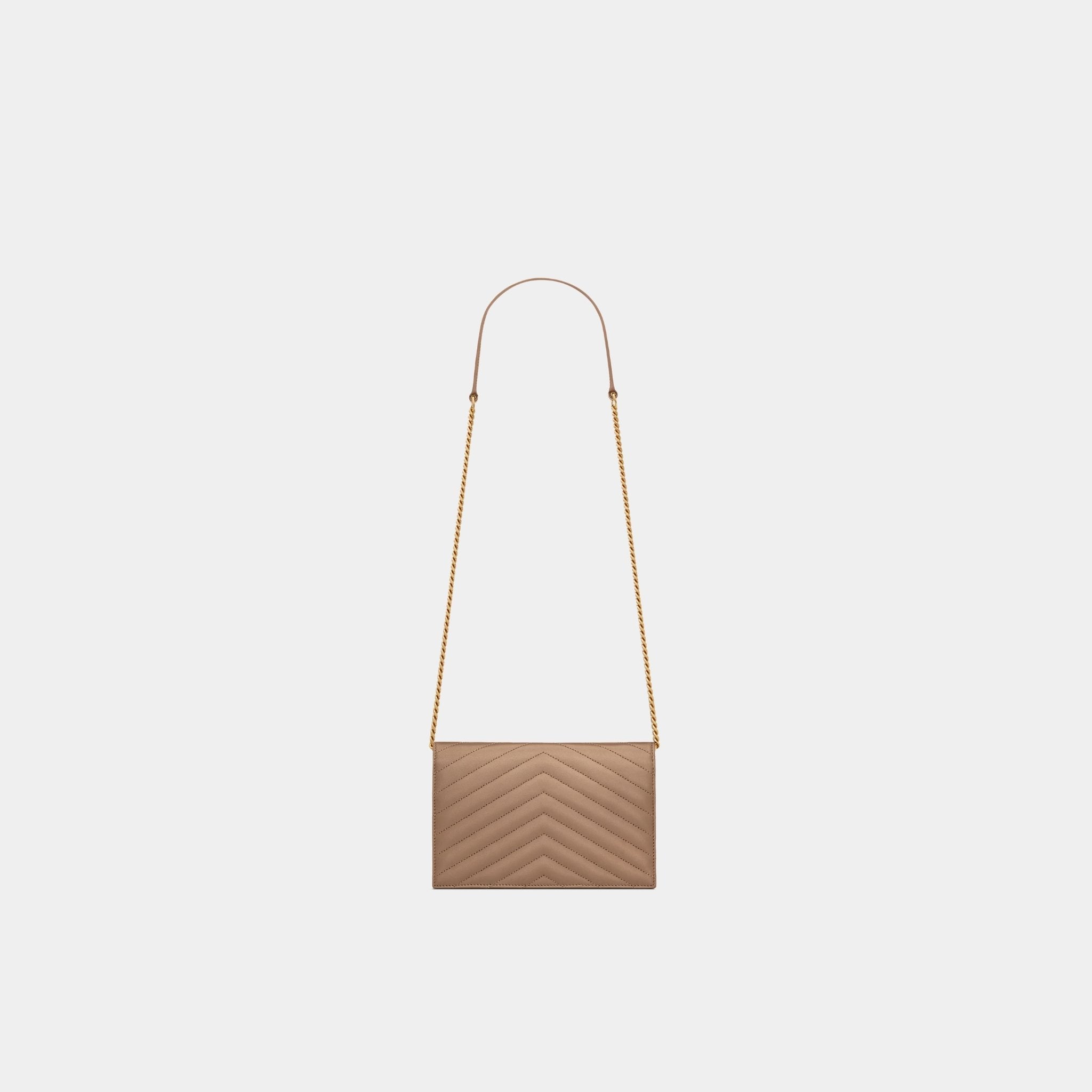 Yves Saint Laurent Cassandre Envelope Chain Wallet In Lambskin, Dusty Grey, Back