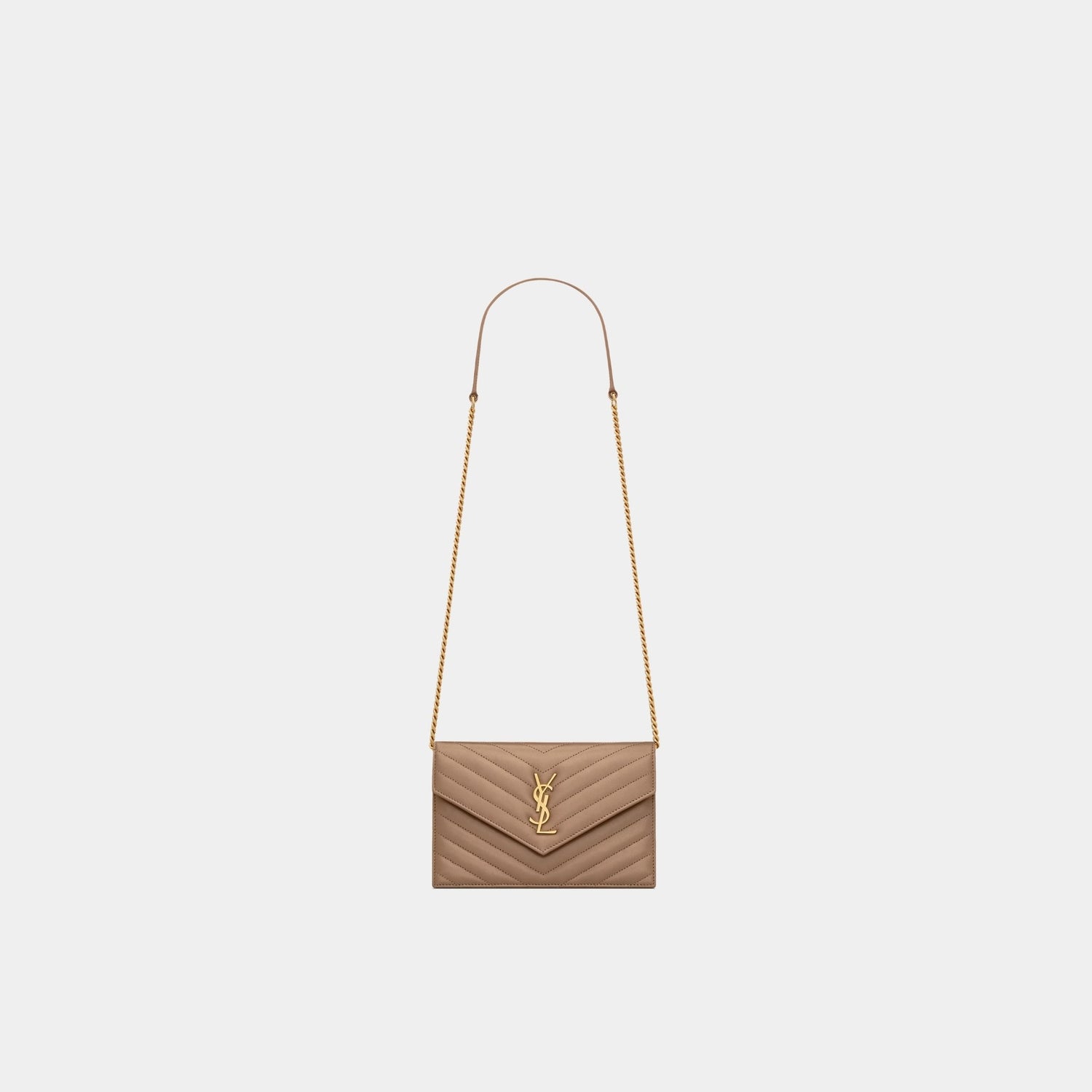 Yves Saint Laurent Cassandre Envelope Chain Wallet In Lambskin, Dusty Grey, Front