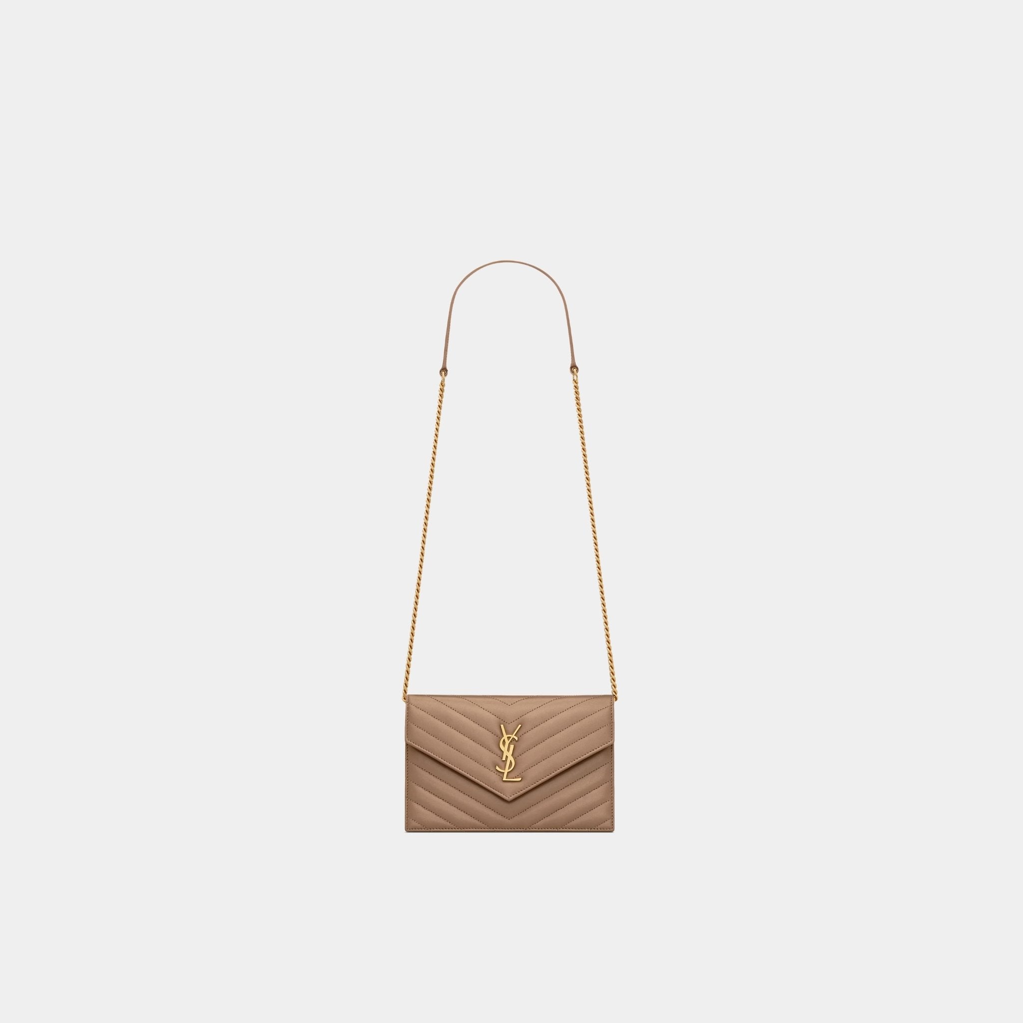 Yves Saint Laurent Cassandre Envelope Chain Wallet In Lambskin, Dusty Grey, Front