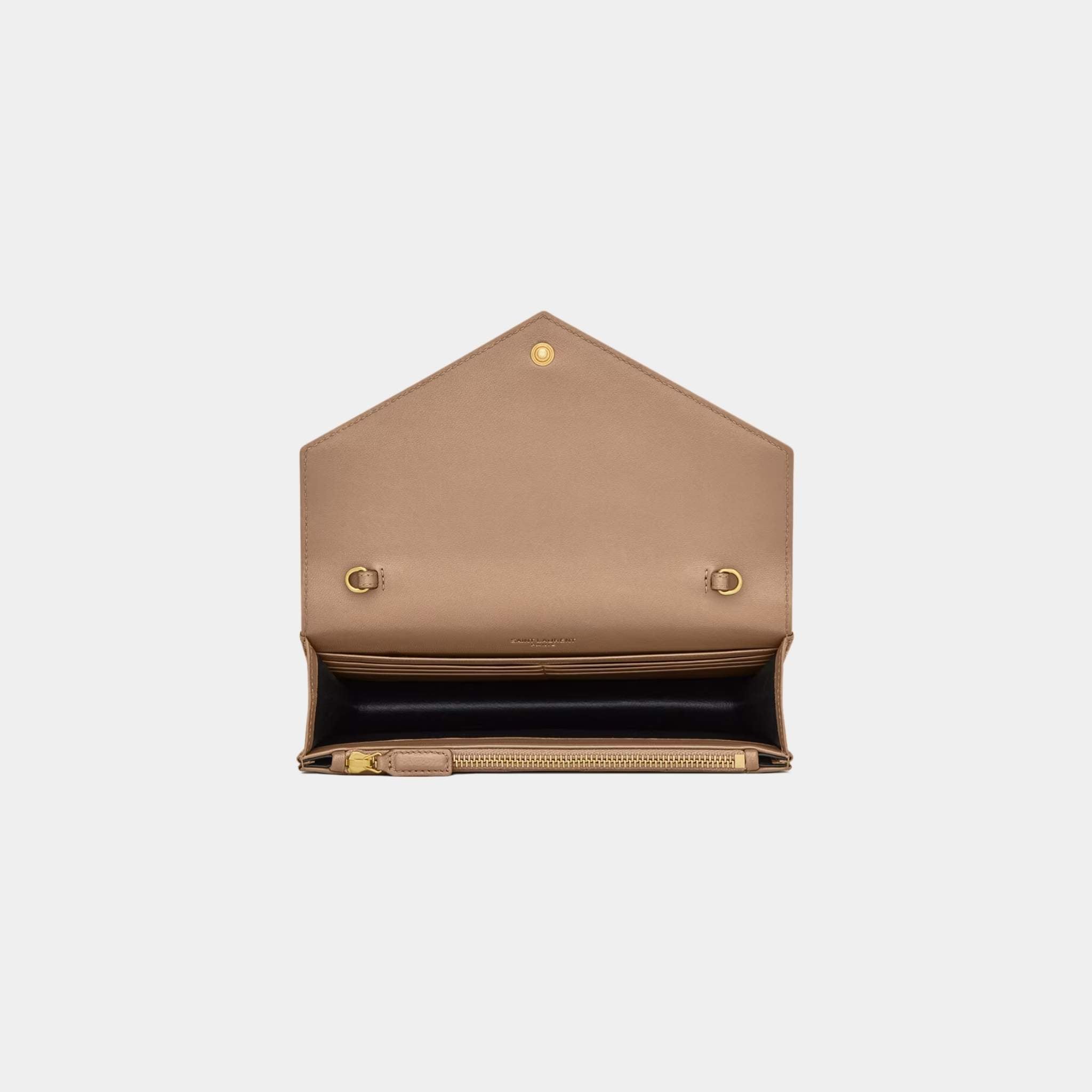 Yves Saint Laurent Cassandre Envelope Chain Wallet In Lambskin, Dusty Grey, Top