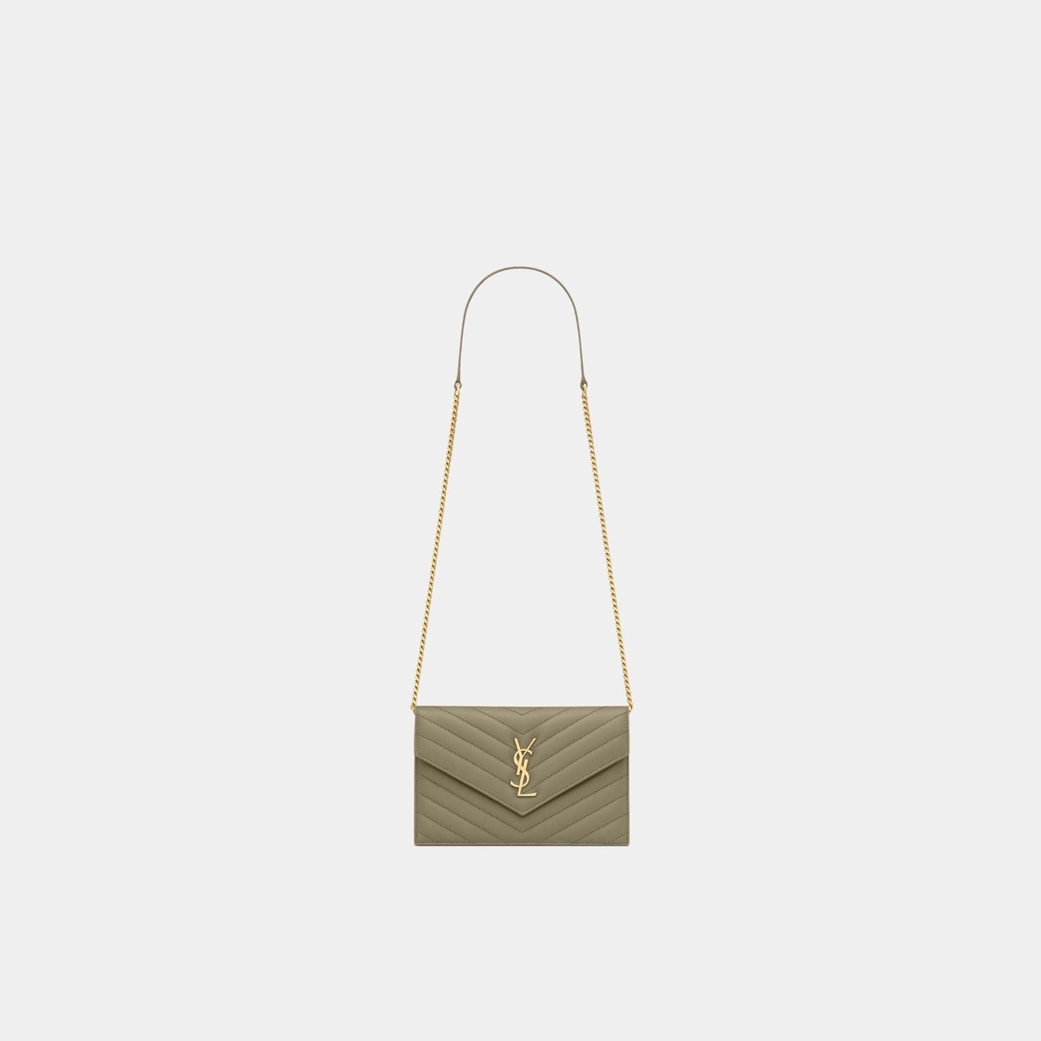 Yves Saint Laurent Cassandre Envelope Chain Wallet In Lambskin, Strong Moss, Front