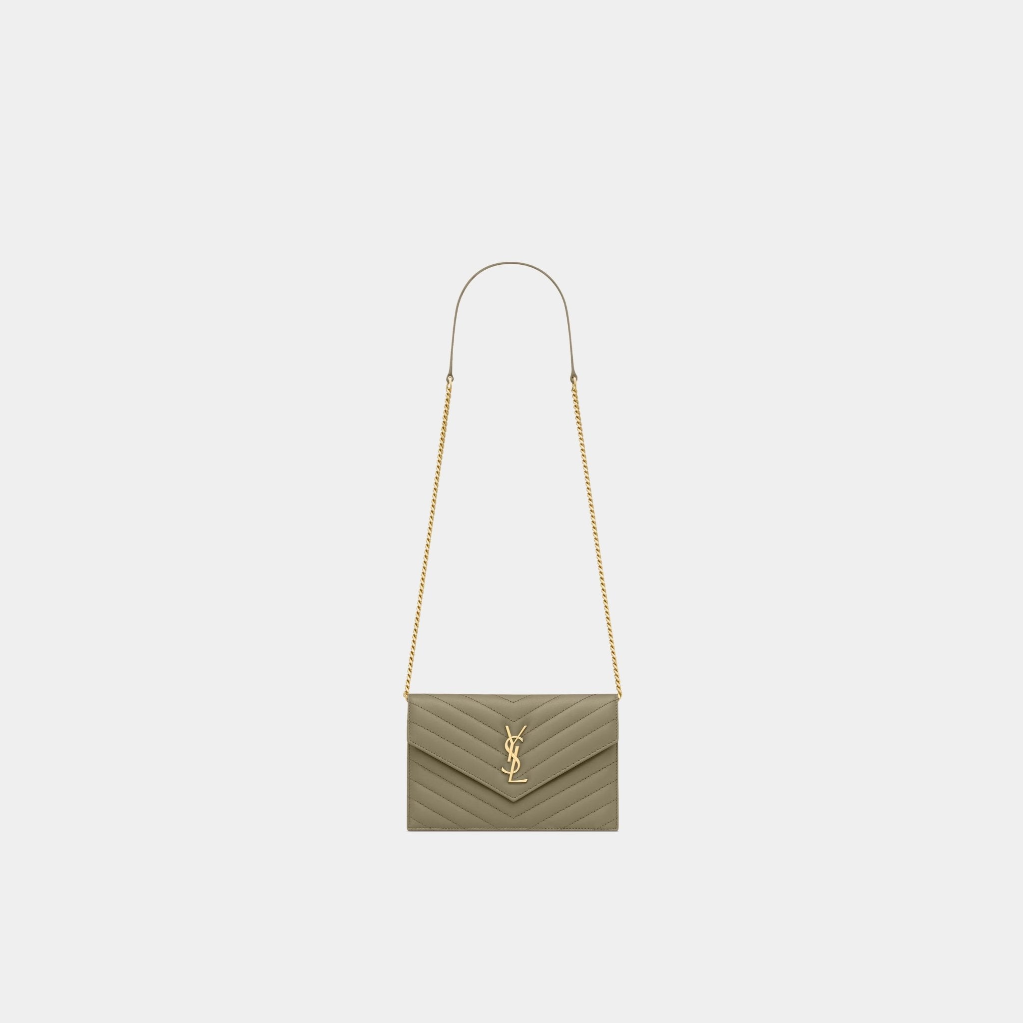 Yves Saint Laurent Cassandre Envelope Chain Wallet In Lambskin, Strong Moss, Front