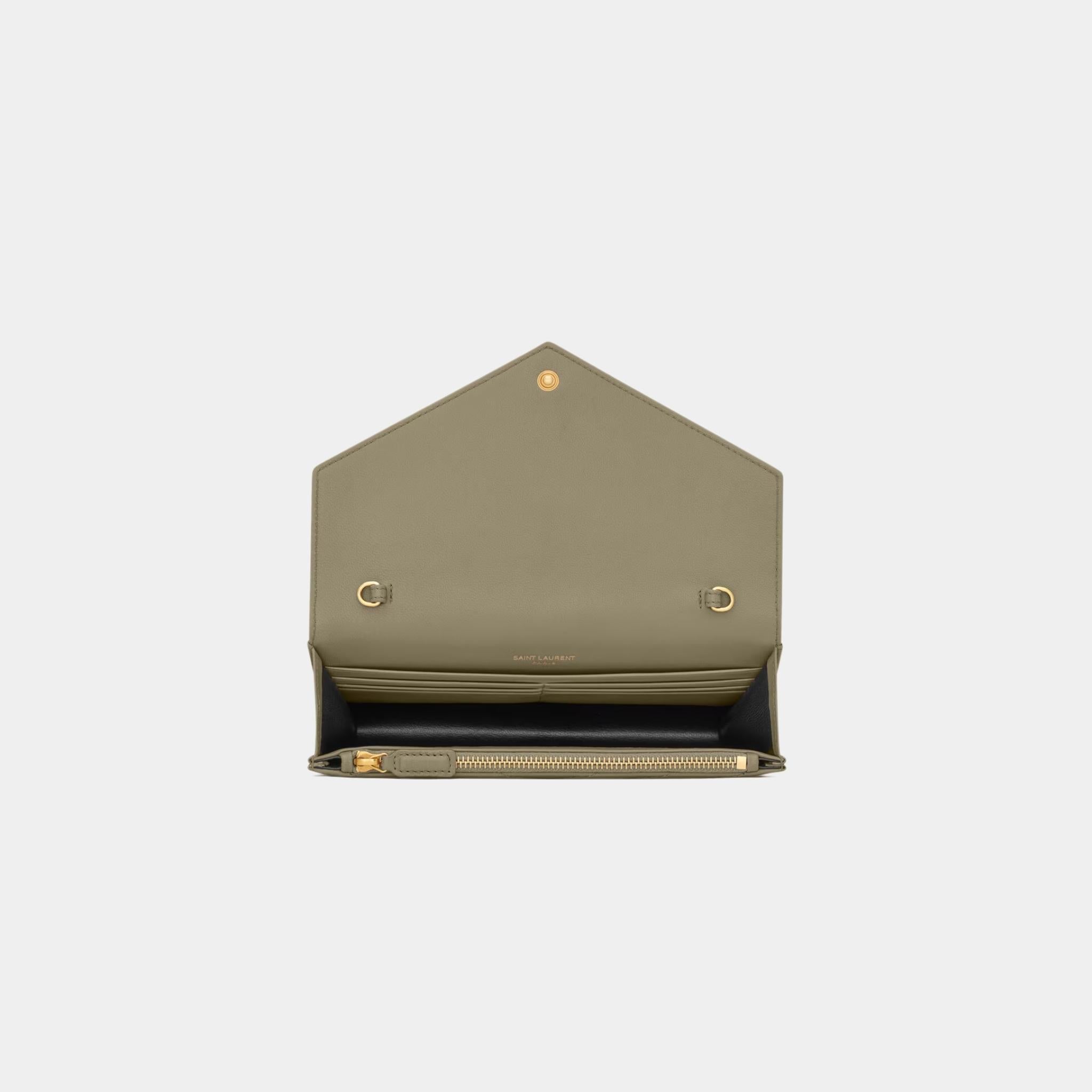 Yves Saint Laurent Cassandre Envelope Chain Wallet In Lambskin, Strong Moss, Top