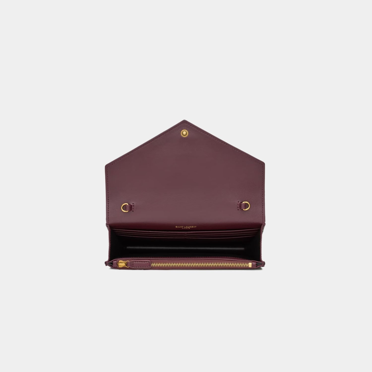 Yves Saint Laurent Cassandre Envelope Chain Wallet In Shiny Leather, Bloody Drink, Top